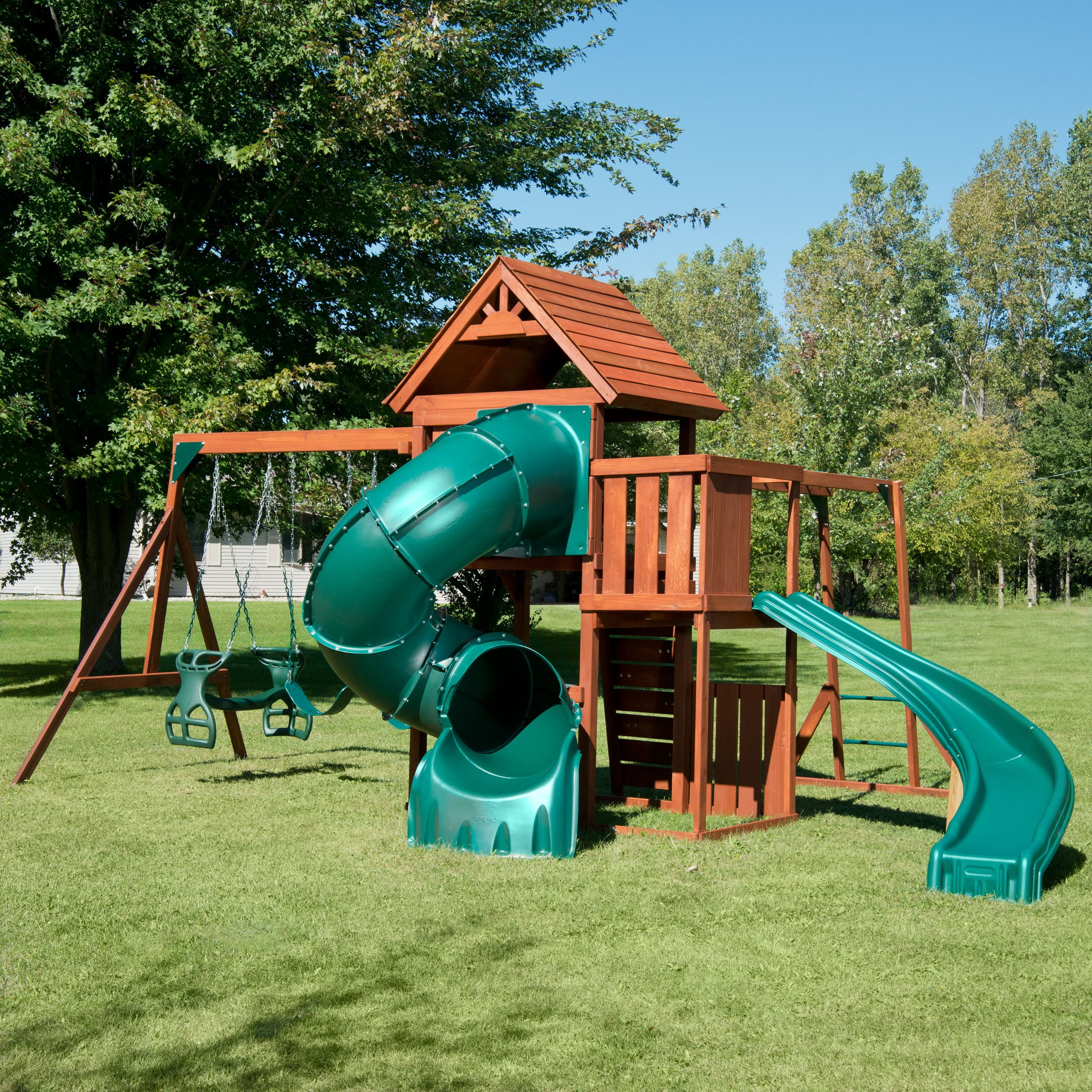 Swing-N-Slide Grandview Twist Wooden Backyard Playground Set with Slides and Monkey Bars (Green, 1 Unit) iqd8n