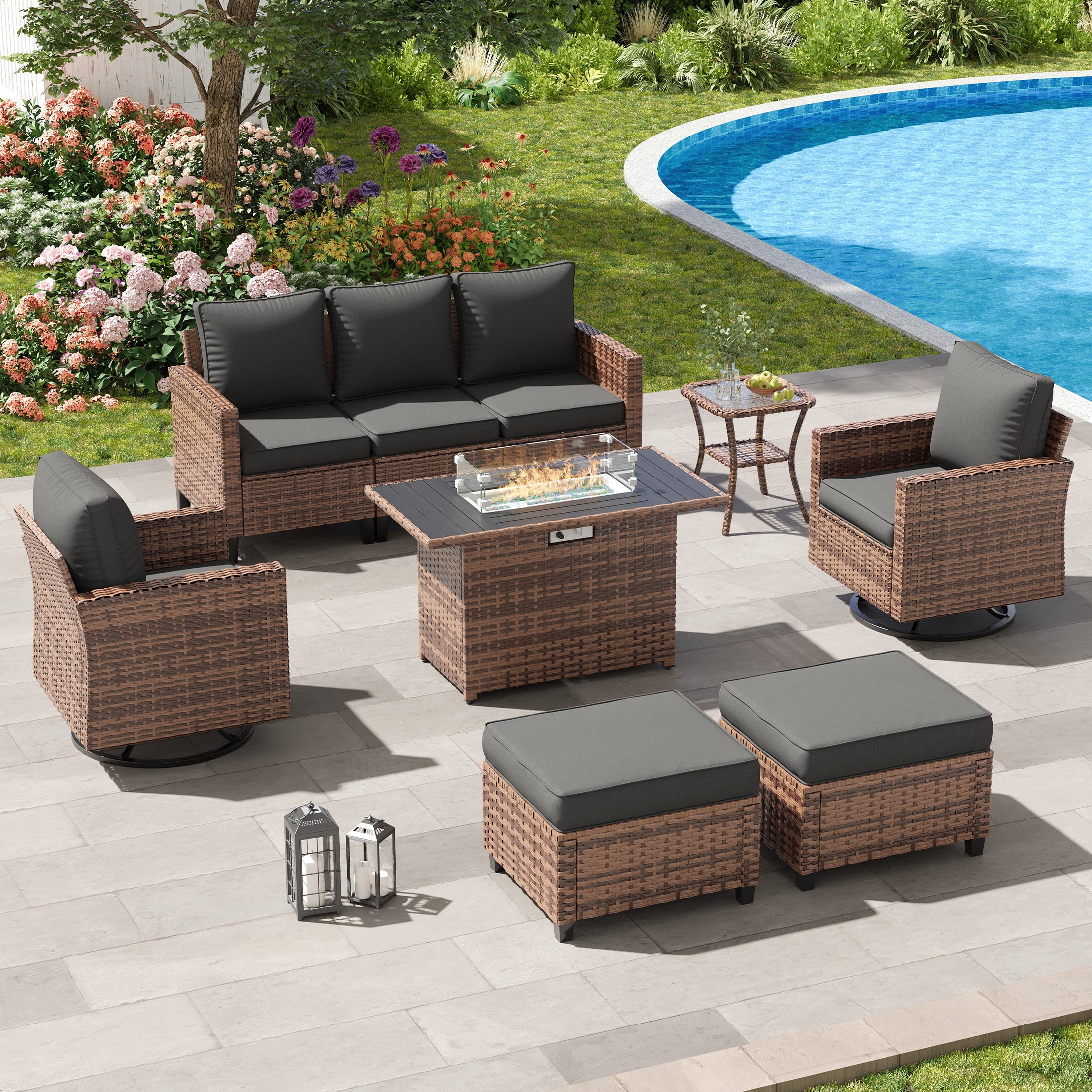 POTEBAN 7-Piece Outdoor Patio Furniture Set with 44 in Fire Pit Table, Wicker Rattan Sectional Sofa and Swivel Chairs (Black) kn6ke
