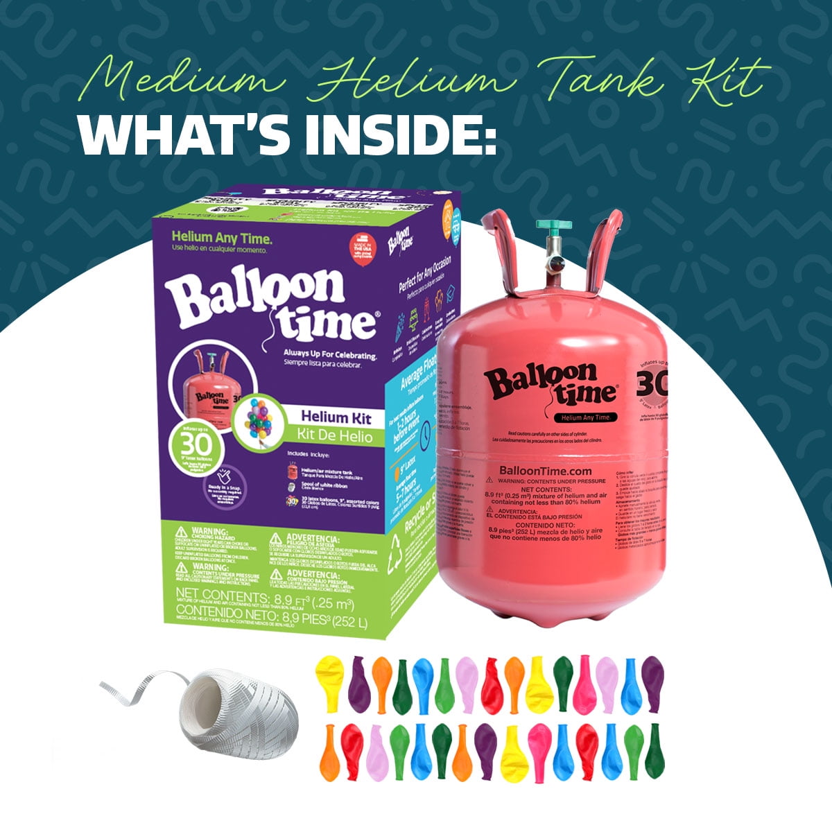 Balloon Time Helium Tank Kit for Party Decorations with Ribbons and Balloons (Medium, 8.9 cu ft) 6ayji