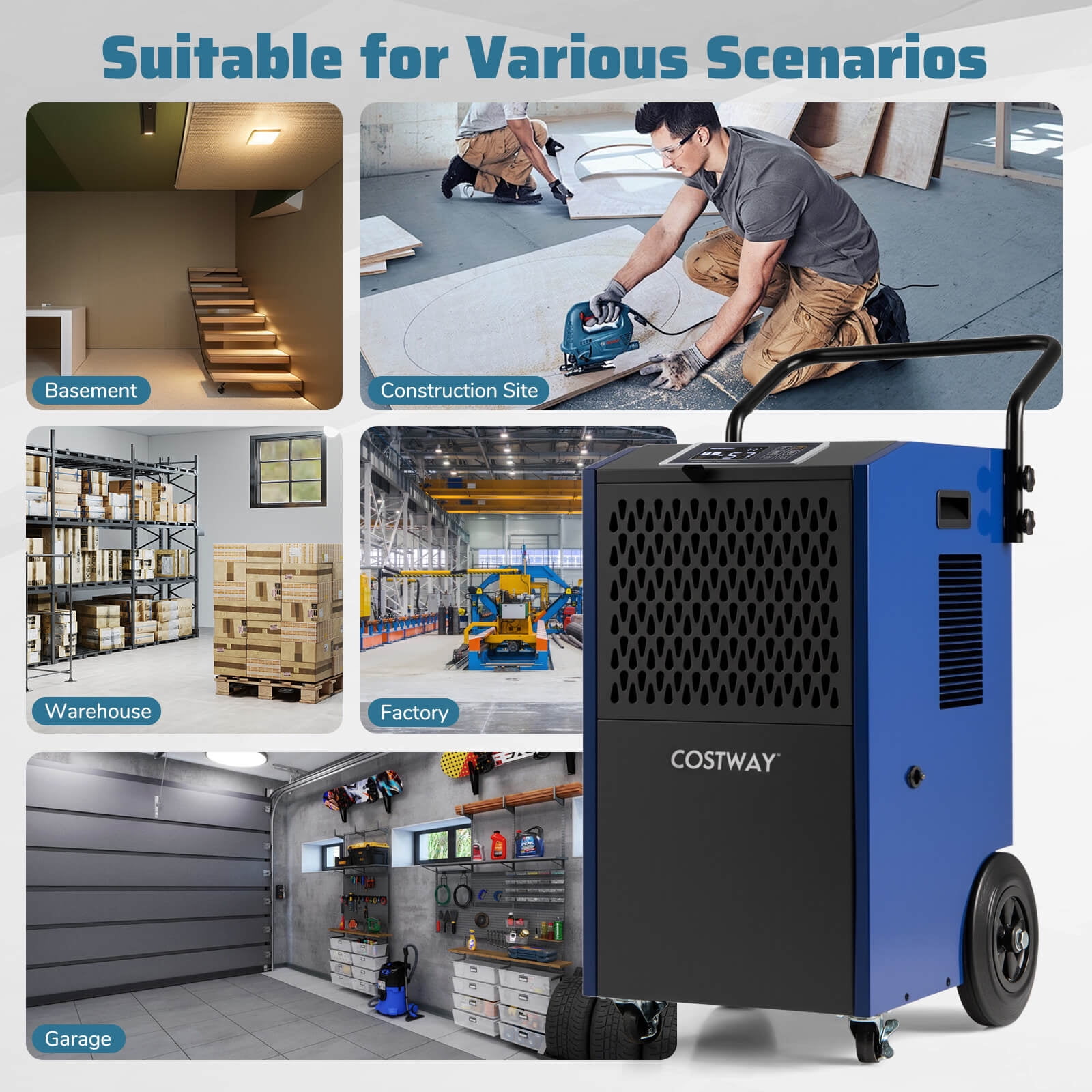 Costway Commercial Dehumidifier with Pump and Drain Hose for Basements and Job Sites (Blue, 49-Pint DOE) jwluo