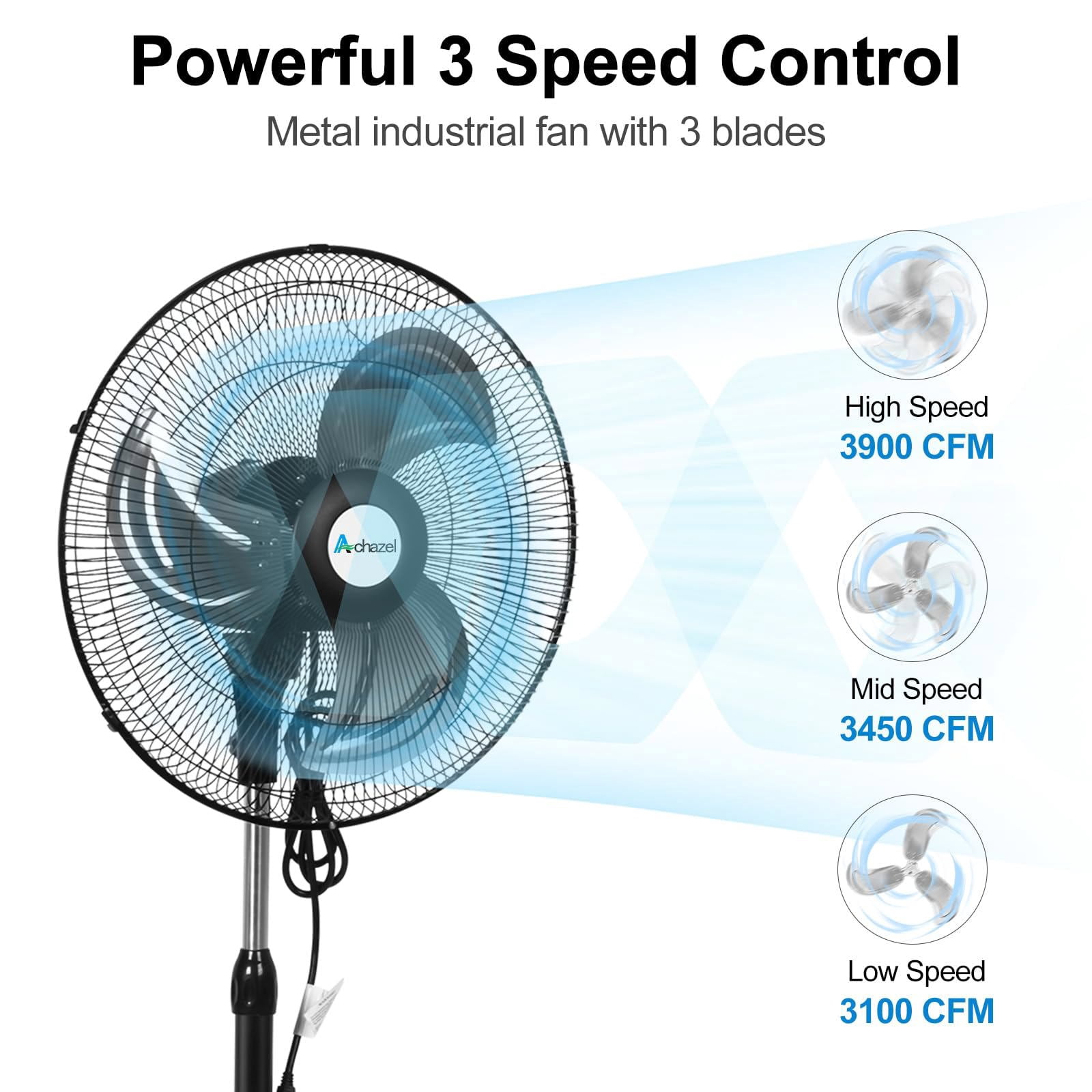 Achazel 18 in Oscillating Pedestal Fan, 3-Speed Heavy-Duty Industrial Standing Fan with Adjustable Height (Black, 18 in) 7sa2h
