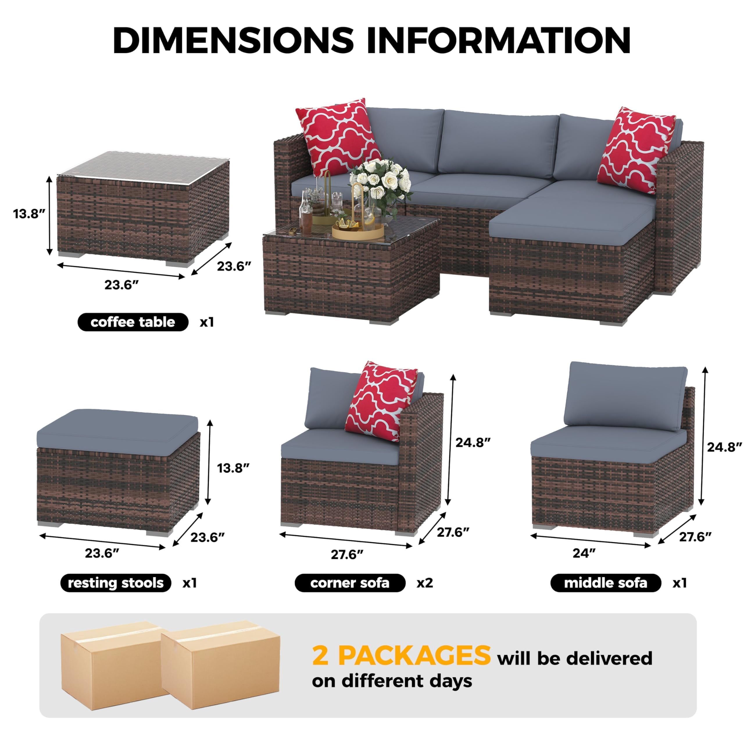 EliteEdge 5-Piece All-Weather PE Rattan Patio Sofa Set, Modular Outdoor Furniture with Tempered Glass Table and Waterproof Cushions (Brown Rattan, Light Grey Cushion, 5-Piece Set) i6xq3