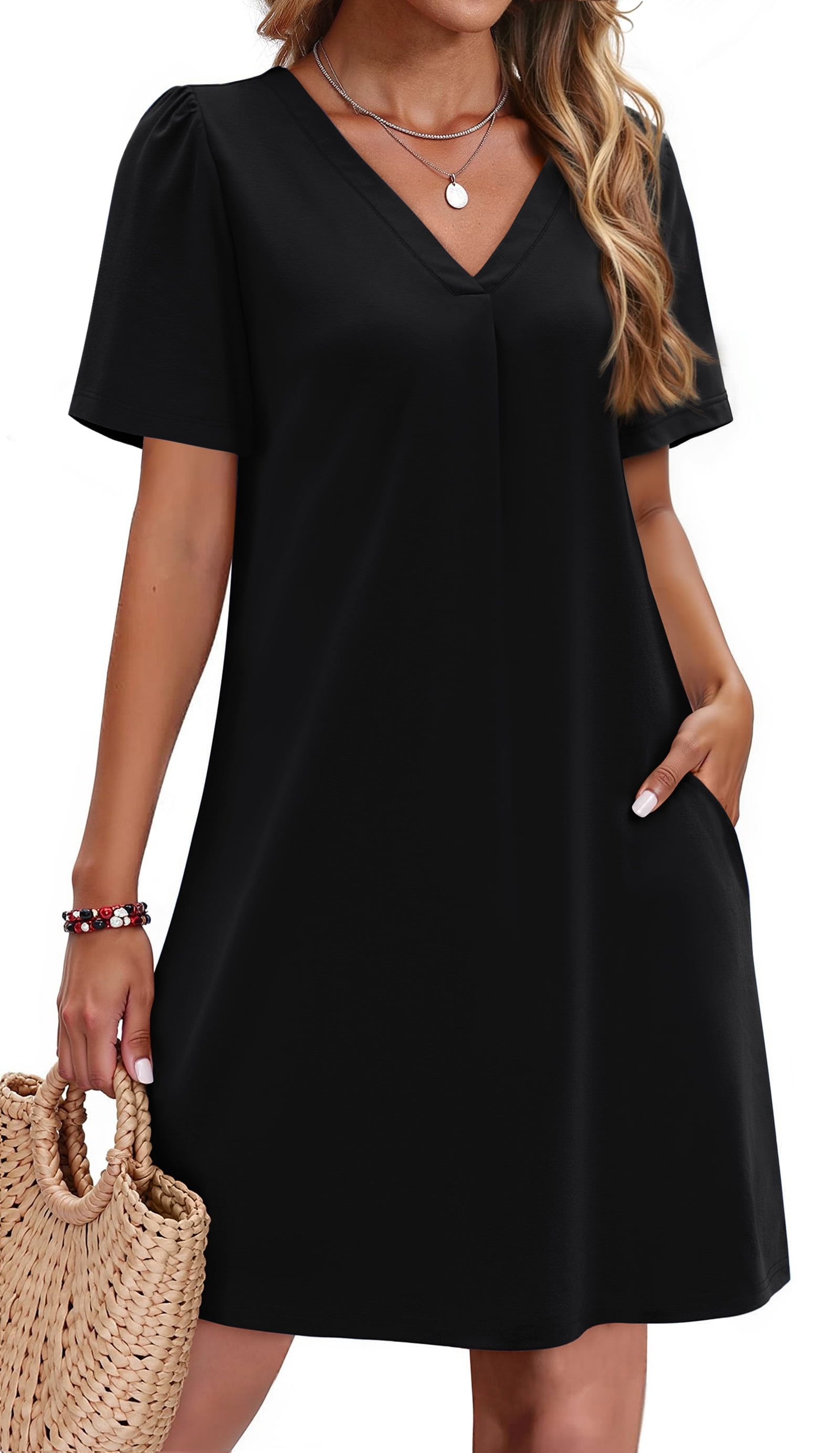 Fantaslook Women's Summer Casual Shift Dress V Neck Short Sleeve with Pockets (Black, L) 1co4m