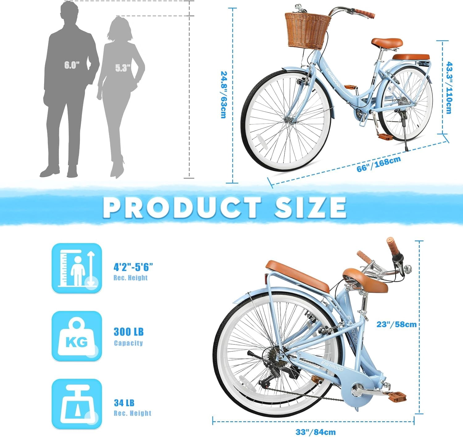 Gaonala 26 inch 7-Speed Folding Beach Cruiser Bike for Women, Step-Through Frame with Basket (Blue, 26 in) sif85