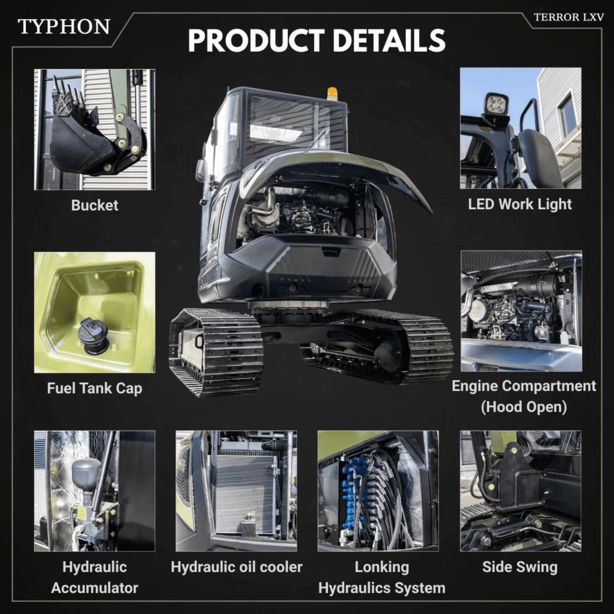 TYPHON TERROR LXV 6.6-Ton Excavator with Kubota V2607 Diesel Engine (56.9 HP, Enclosed Cab) gx0hq