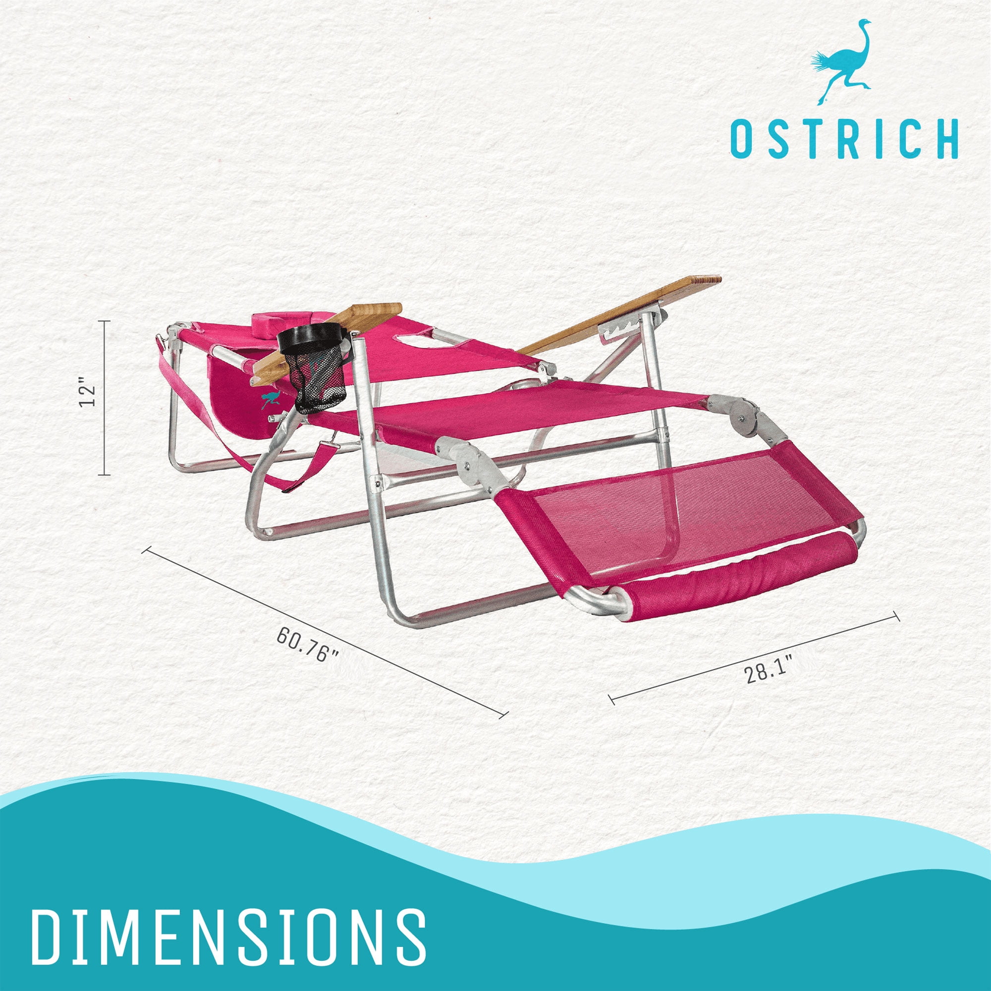 Ostrich Original 3N1 Outdoor Beach Lounge Chair with Footrest (Pink, 60.76 x 28.10 x 39.73 in) up1fv