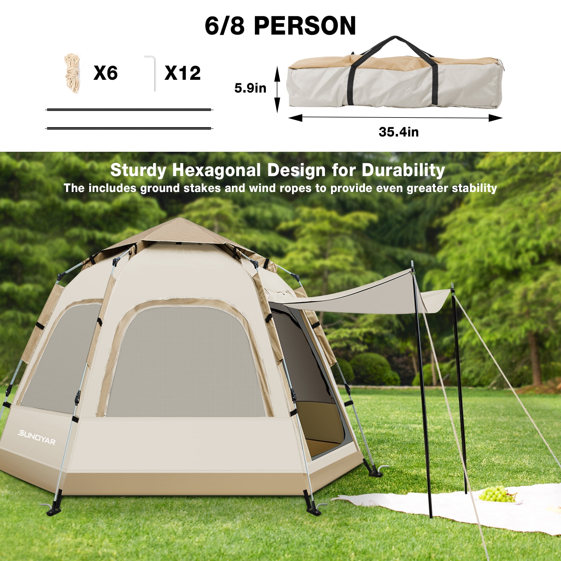 Sunoyar 4-6 Person Camping Tent, Waterproof Instant Outdoor Shelter with Carry Bag (Beige, 110 in x 94 in) vhm4f