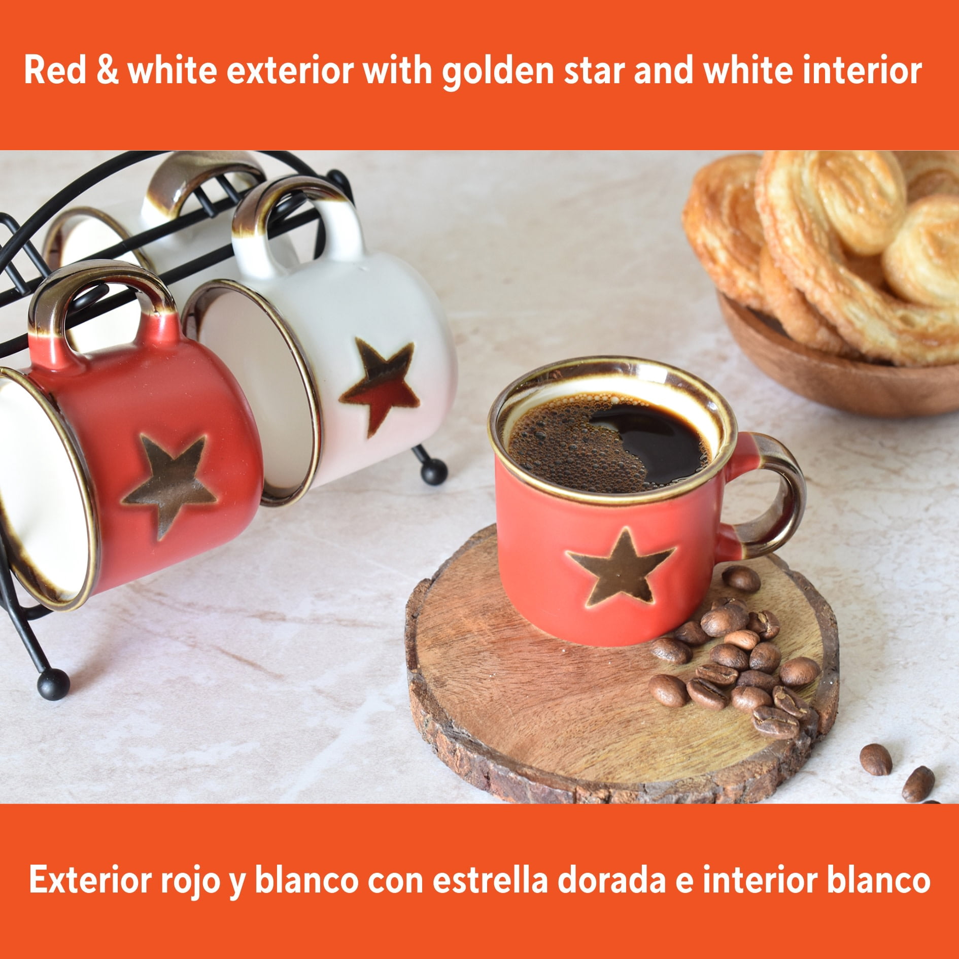 IMUSA Espresso Cup and Saucer Set with Rack (Red and White Star Print, 4 Piece Set) 6ulm6