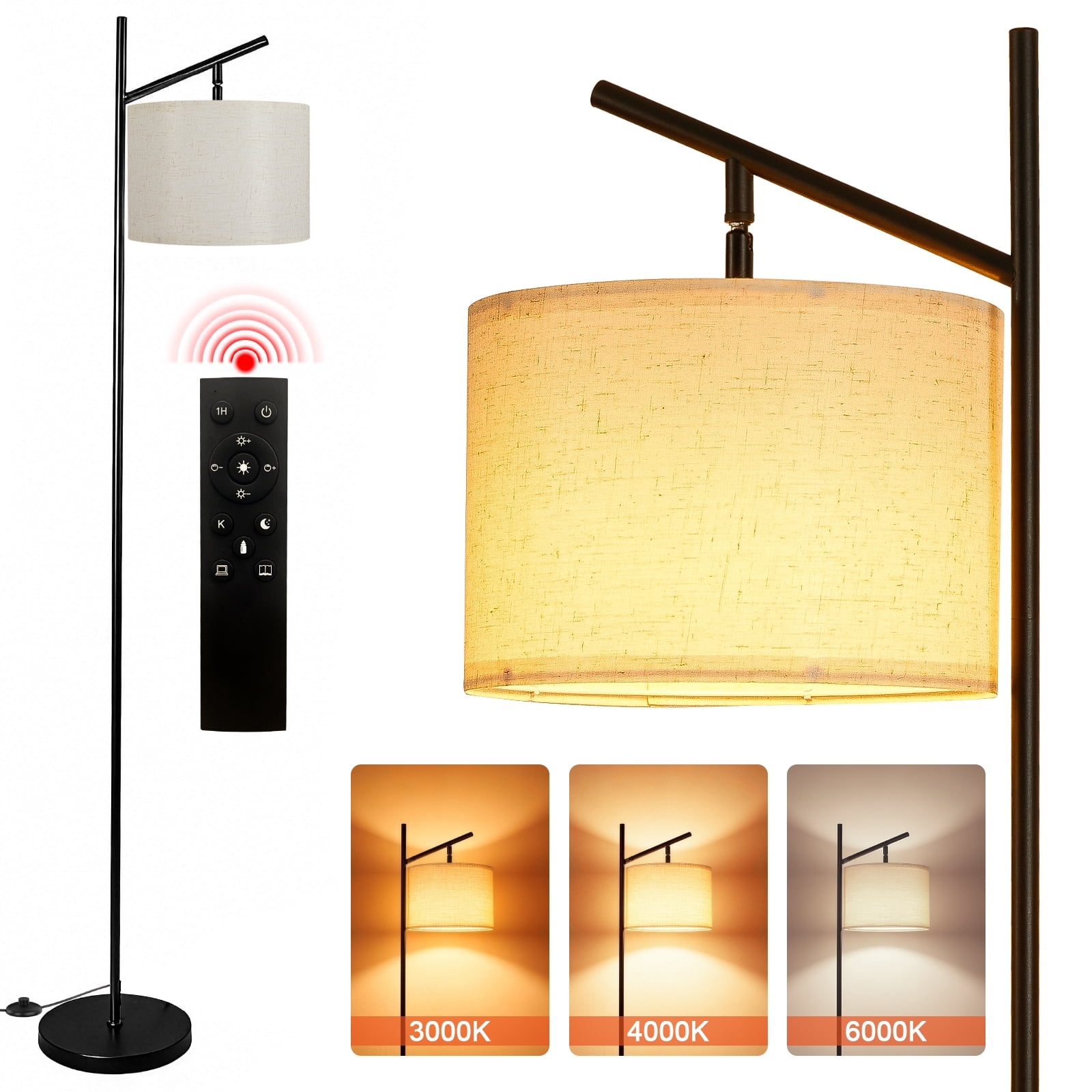 LZNIOZ Modern LED Floor Lamp with Remote Control, Dimmable Standing Light with Fabric Drum Shade (Black, 64 in) at4bc
