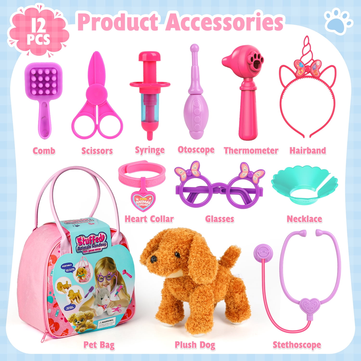 UQN Veterinarian Playset for Kids, Interactive Plush Dog Toy with Medical Tools and Pet Handbag (Pink, 12 Piece Set) 406cj