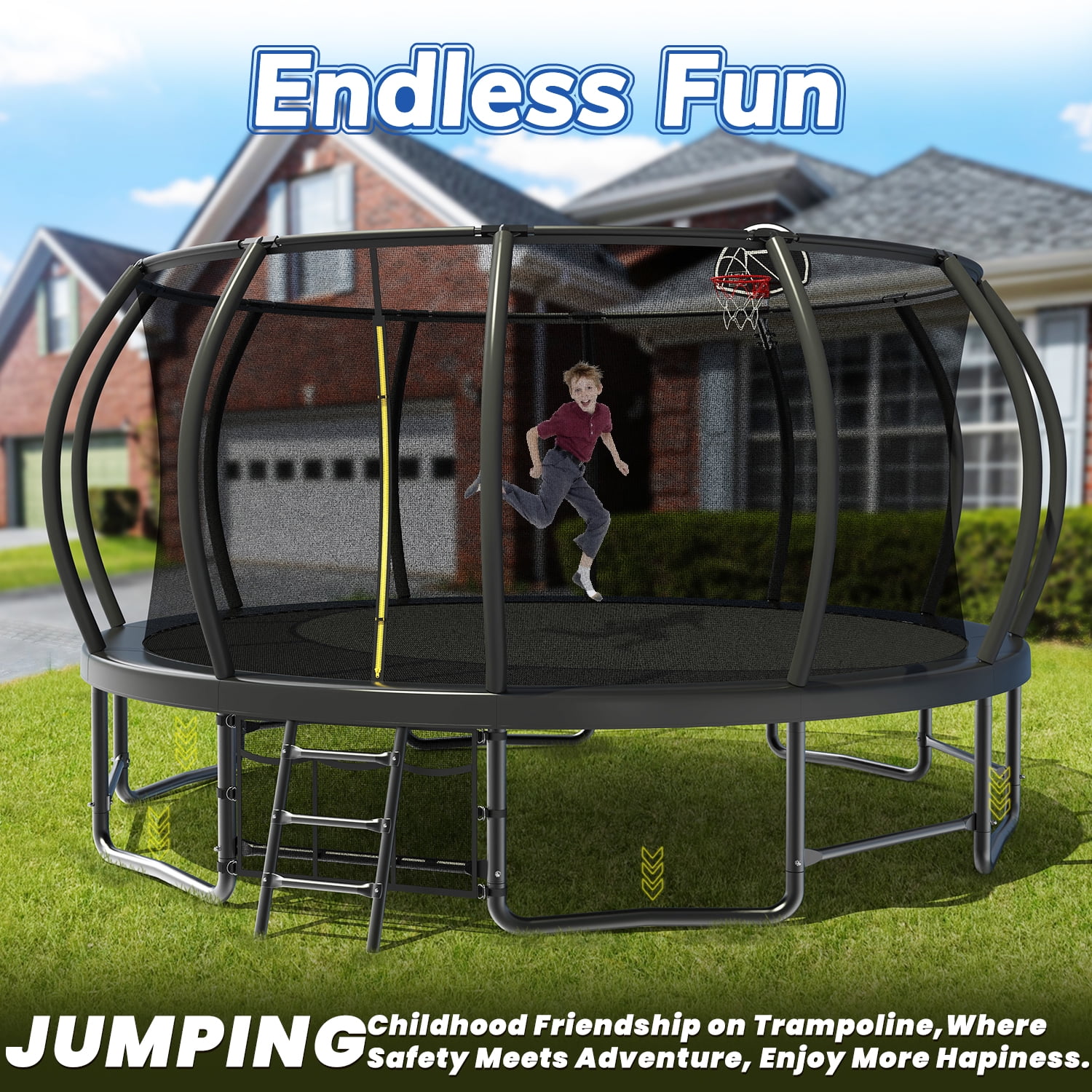Leumius 16 ft Outdoor Recreational Trampoline with Safety Enclosure, Ladder, and Basketball Hoop (Black, 16 ft) j4kjx