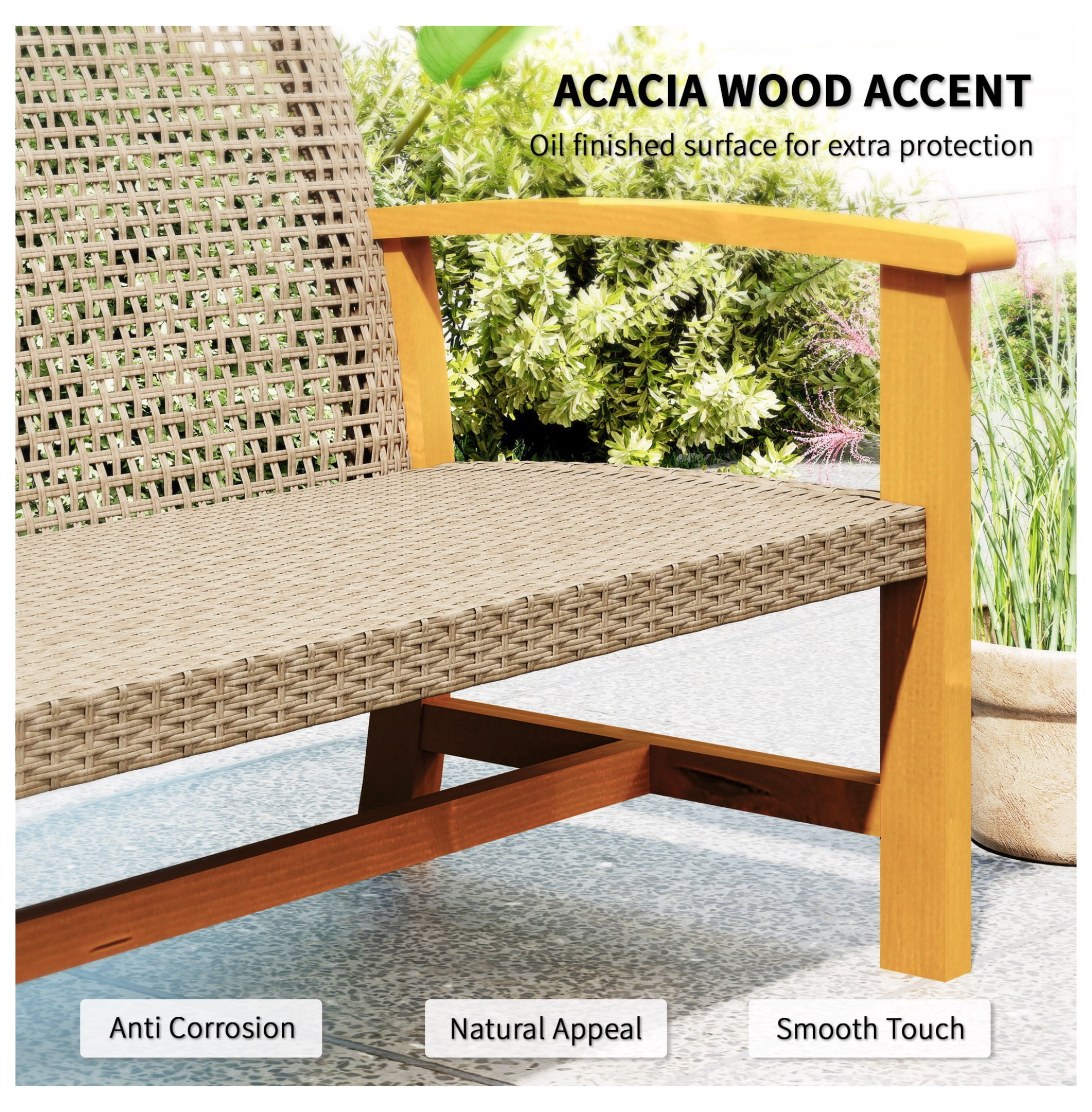 TeuheJ 3-Seat Wicker Outdoor Sofa, All-Weather Patio Couch with Acacia Wood Accents (Brown, 1000 lb Capacity) ee5pg