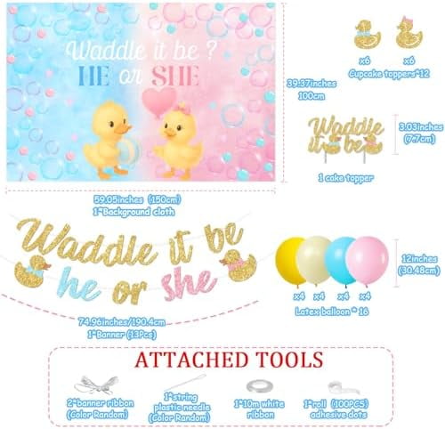 Duck Gender Reveal Party Decoration Set with Backdrop Banner Cake Toppers and Balloons (Blue and Pink, 1 Set) nxeic