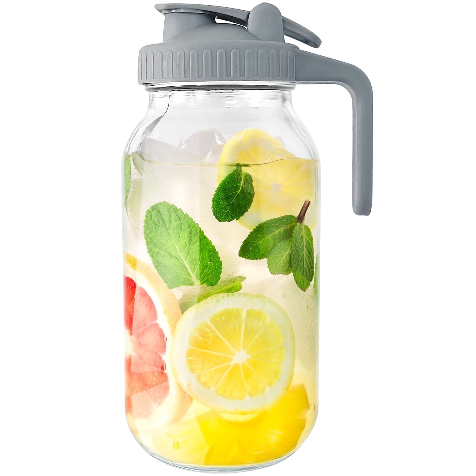 VA1KENE Glass Pitcher with Lid, Mason Jar Beverage Dispenser with Spout and Handle for Iced Tea and Lemonade (Gray, 64 fl oz) ckj10