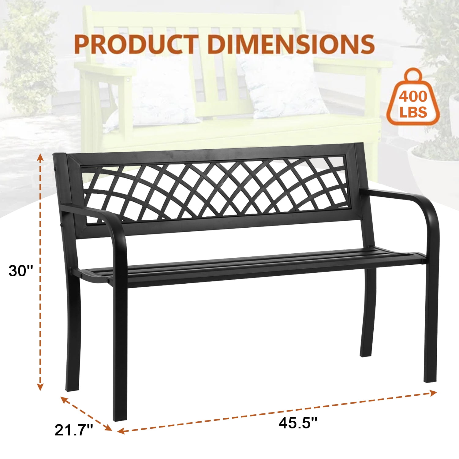 NiamVelo Outdoor Metal Garden Bench, Rust-Resistant Steel Patio Park Chair with Mesh Pattern (Black, 45.5 in x 21.7 in x 30 in) e06dq