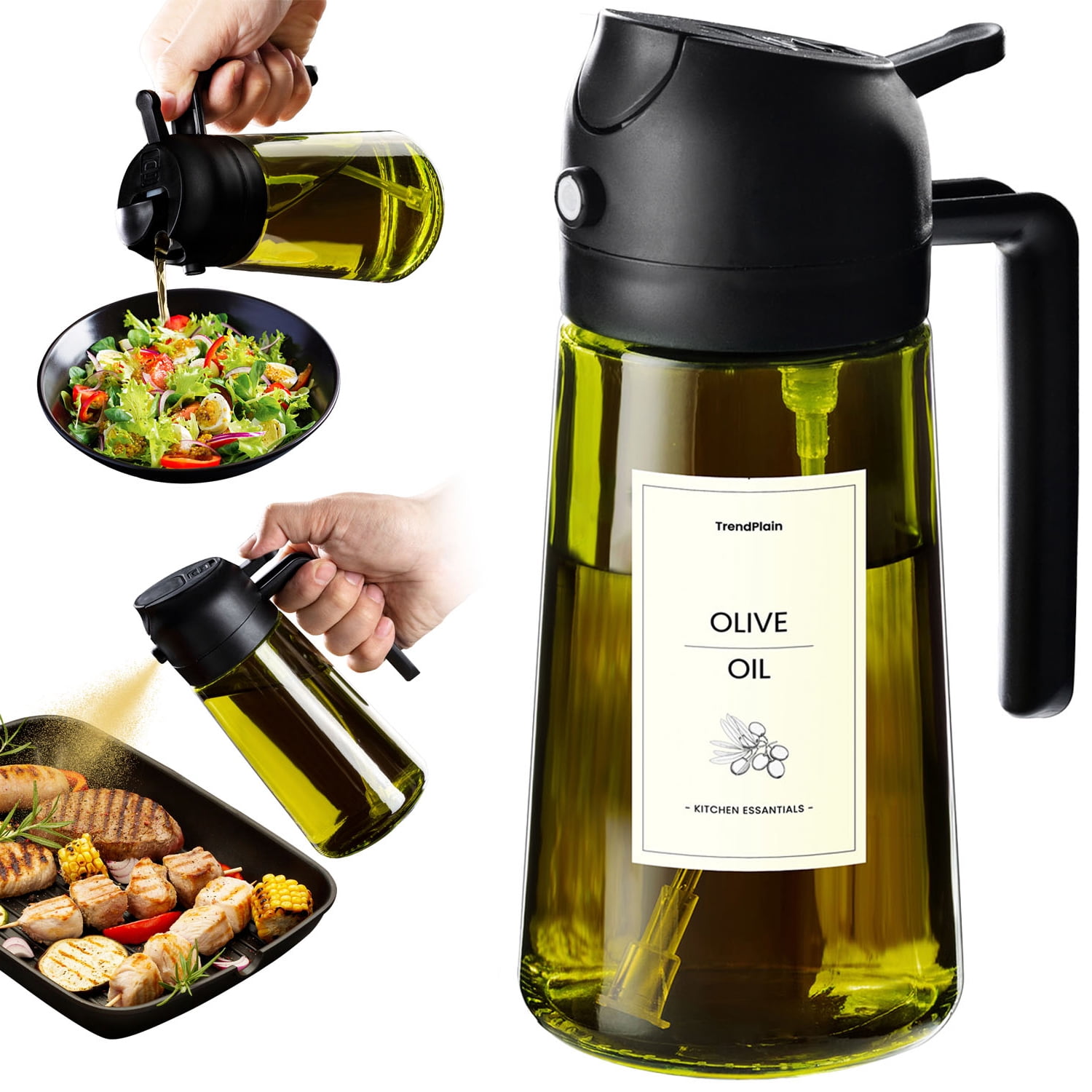 TrendPlain Olive Oil Sprayer and Dispenser for Cooking, 2-in-1 Kitchen Oil Mister with Labels (Black, 16 oz) m6qmh