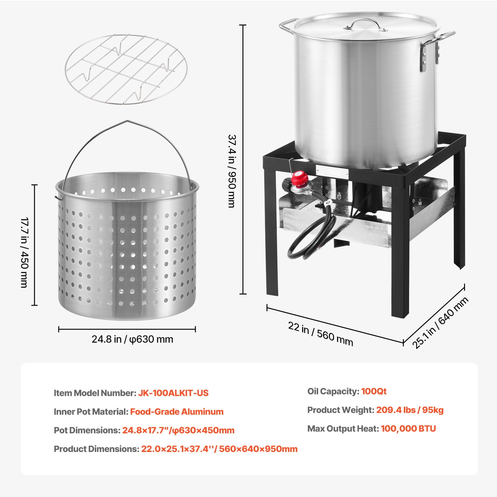 KFFKFF 100 Qt Seafood Boiling Pot Set with Propane Burner and Steam Grid (Silver, 100 Qt) 8hb2g