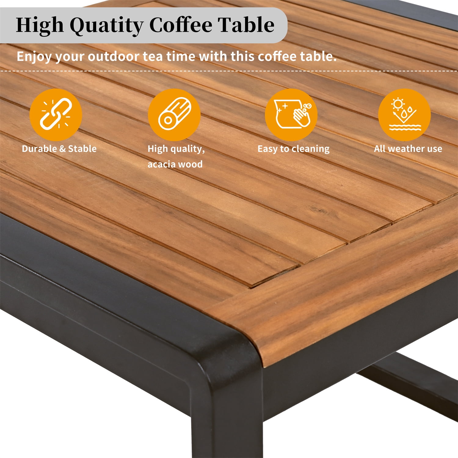 YIORTWO 4-Piece Outdoor Patio Furniture Set, L-Shaped Sectional Sofa with Gray Cushions and Acacia Wood Coffee Table (Black Metal Frame, 4-Piece Set) tm9zi