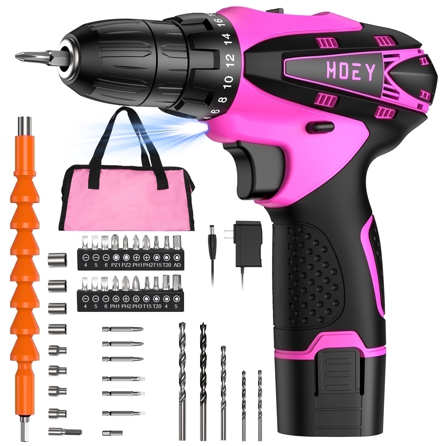 Hoey Cordless Drill Set, 12V Power Drill Electric Screwdriver Kit with 22 Pcs Accessories (Pink, 3/8 in Chuck) 482z7