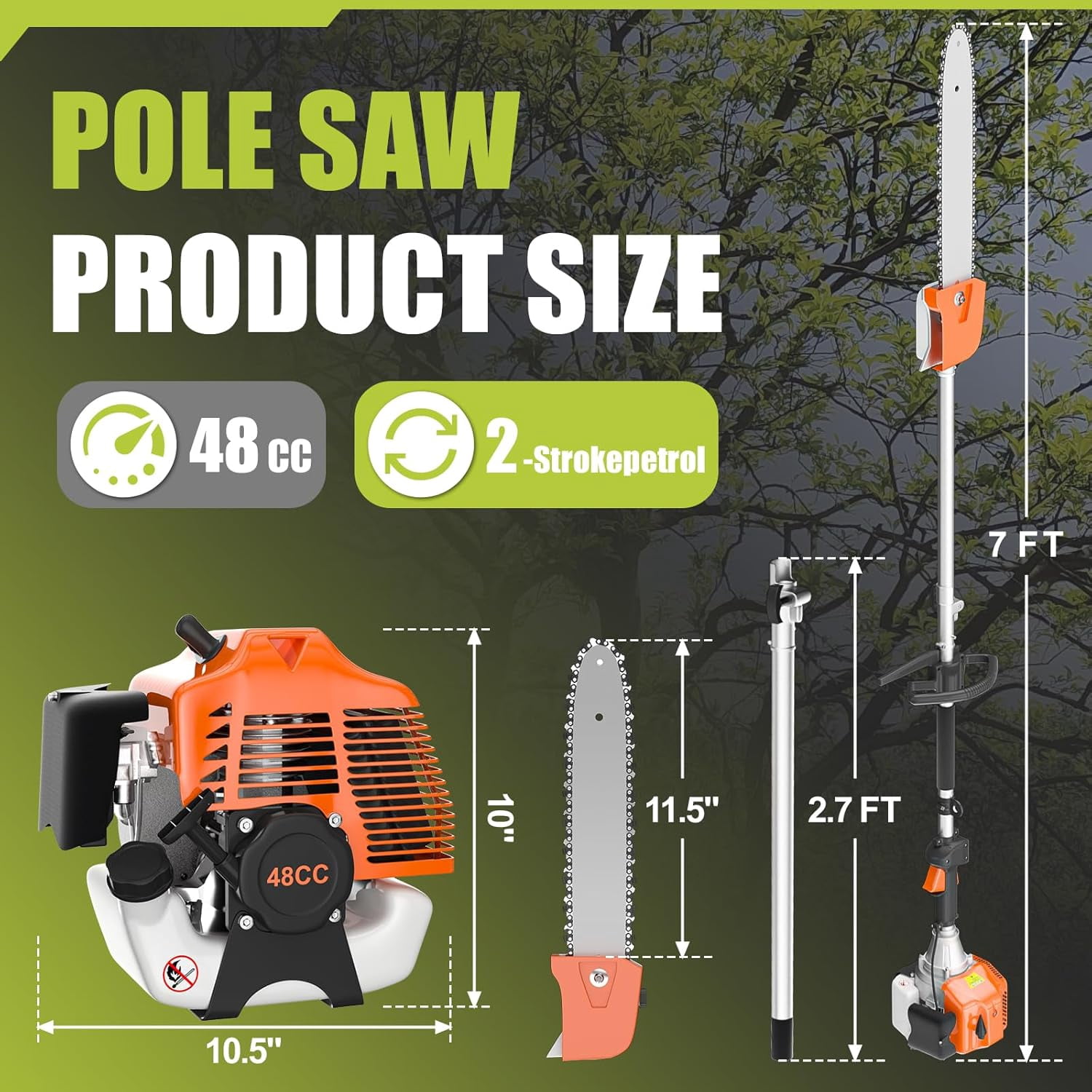 Yotree 48cc 2-Cycle Gas Powered Pole Saw, Telescoping Extension Chainsaw for Tree Trimming (Orange, 16 ft Reach) 37ywa