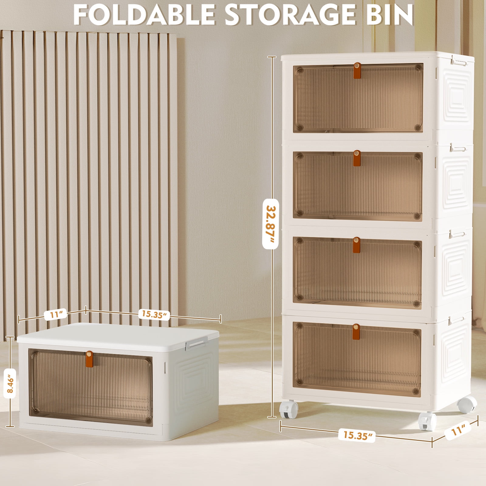 OKENTEN 4-Tier Rolling Storage Bins with Lid, Stackable Folding Organizer for Home and Office (White, 15.35 in x 11 in x 32.87 in) zvqx7