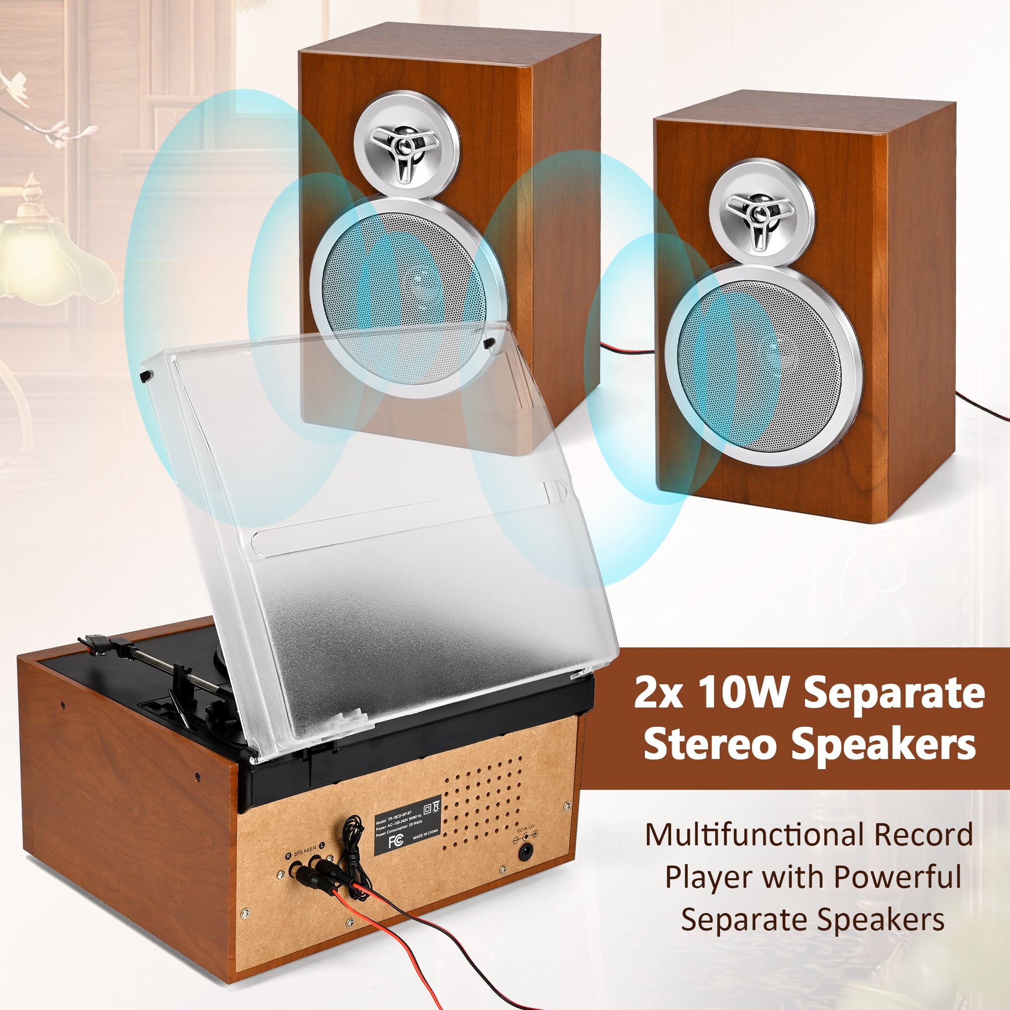 RetroAudio 10-in-1 Vintage Turntable System with Dual External Speakers, Bluetooth Connectivity, CD and Cassette Player (Brown) ltp6i