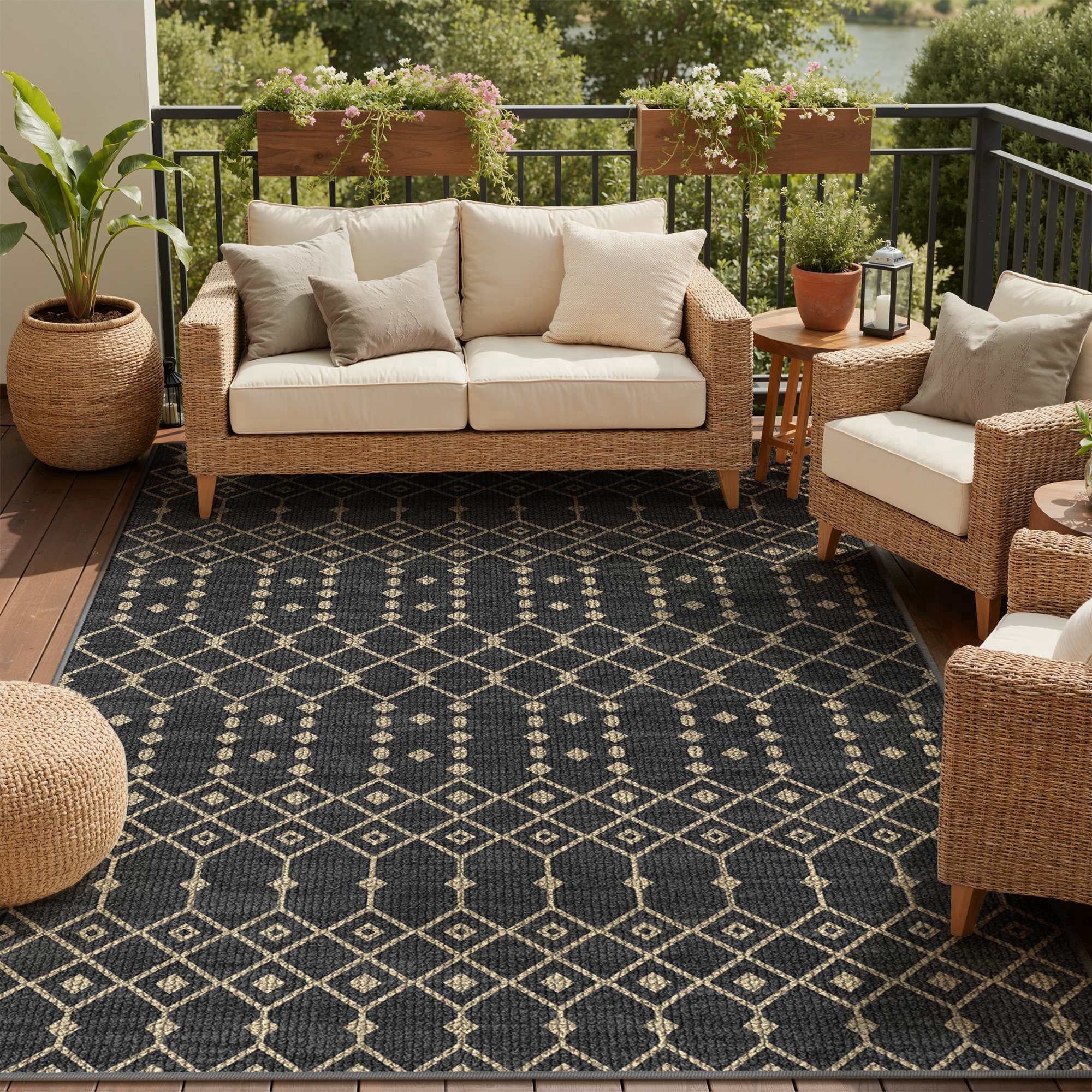 DEORAB Outdoor Rug (Black & Beige, 5 ft x 8 ft) Washable UV-Resistant Patio Deck Carpet 1u2r2