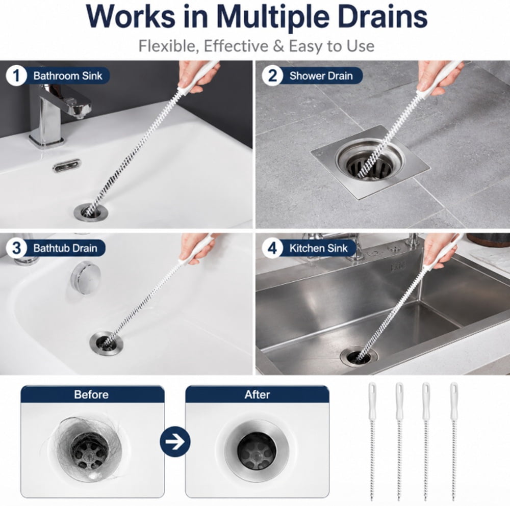 TIKA Drain Cleaning Brush Set, Flexible Pipe Scrubbers for Kitchen and Bathroom Sinks (4 Piece Set) 15lnl