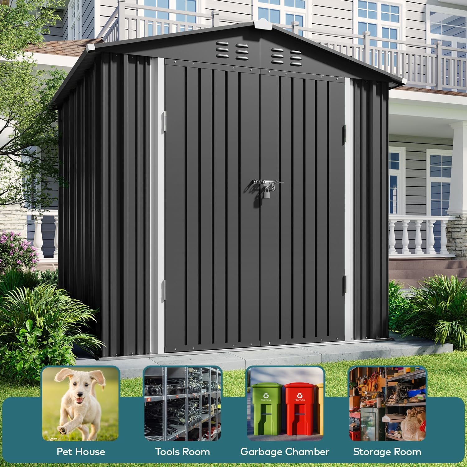 Lofka Galvanized Metal Outdoor Storage Shed with Double Lockable Doors and Air Vents (Dark Gray, 6 ft x 4 ft) v4zn6