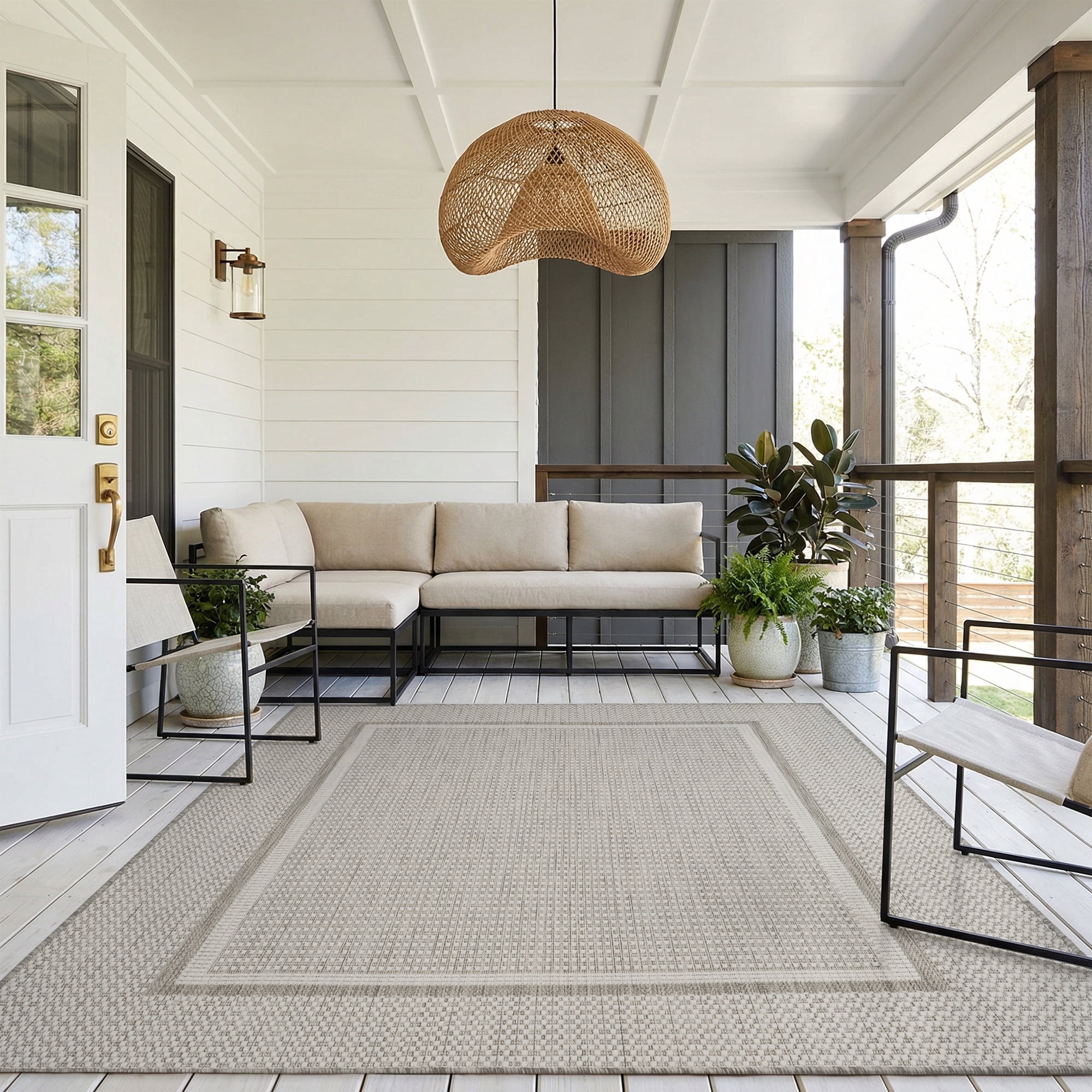 SIXHOME Outdoor Rug Modern Bordered Indoor Outdoor Patio Carpet (Neutral Gray, 9 ft x 12 ft) smlmv