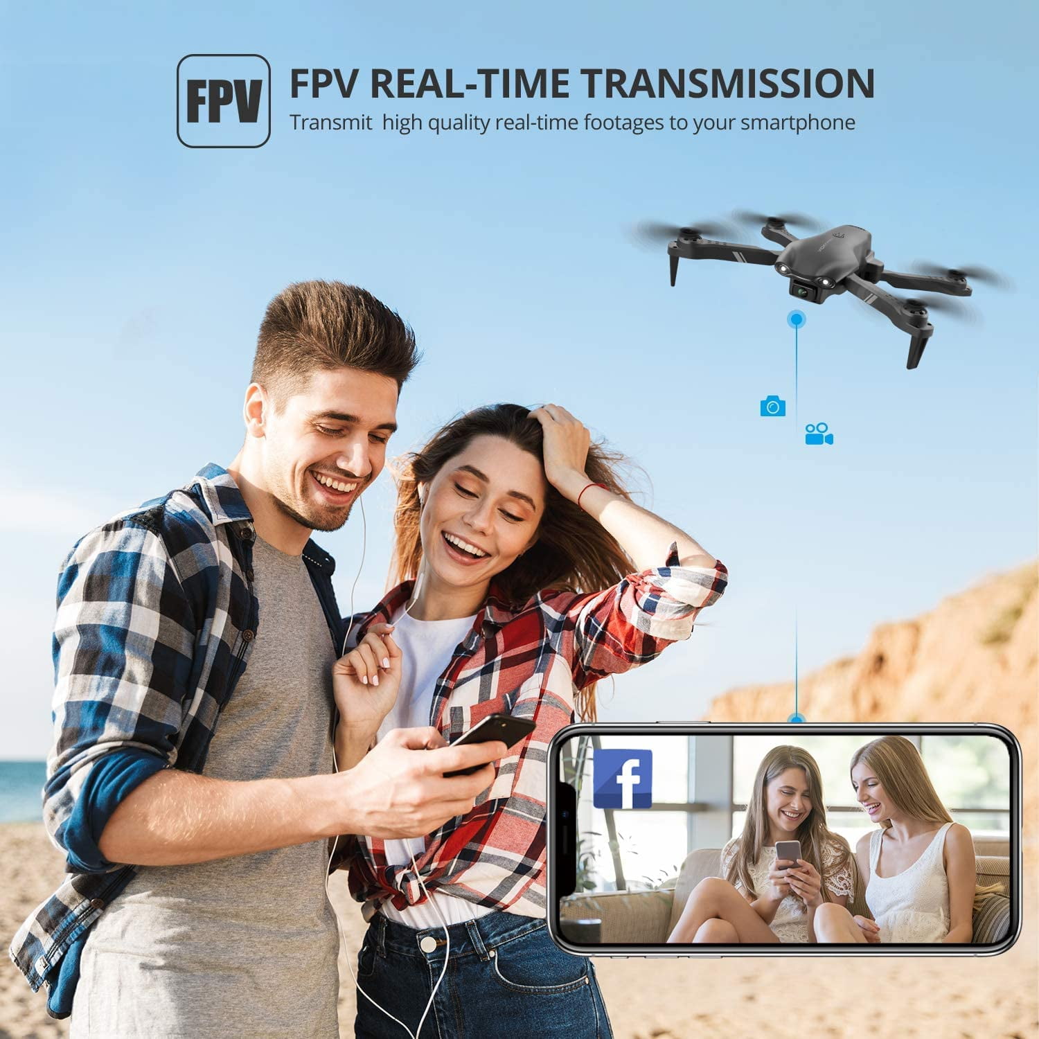 Eoyeskido FPV RC Quadcopter Drone with 1080P HD Camera, Optical Flow Sensor, and LED Lights (Black, 2 Batteries) zi2en