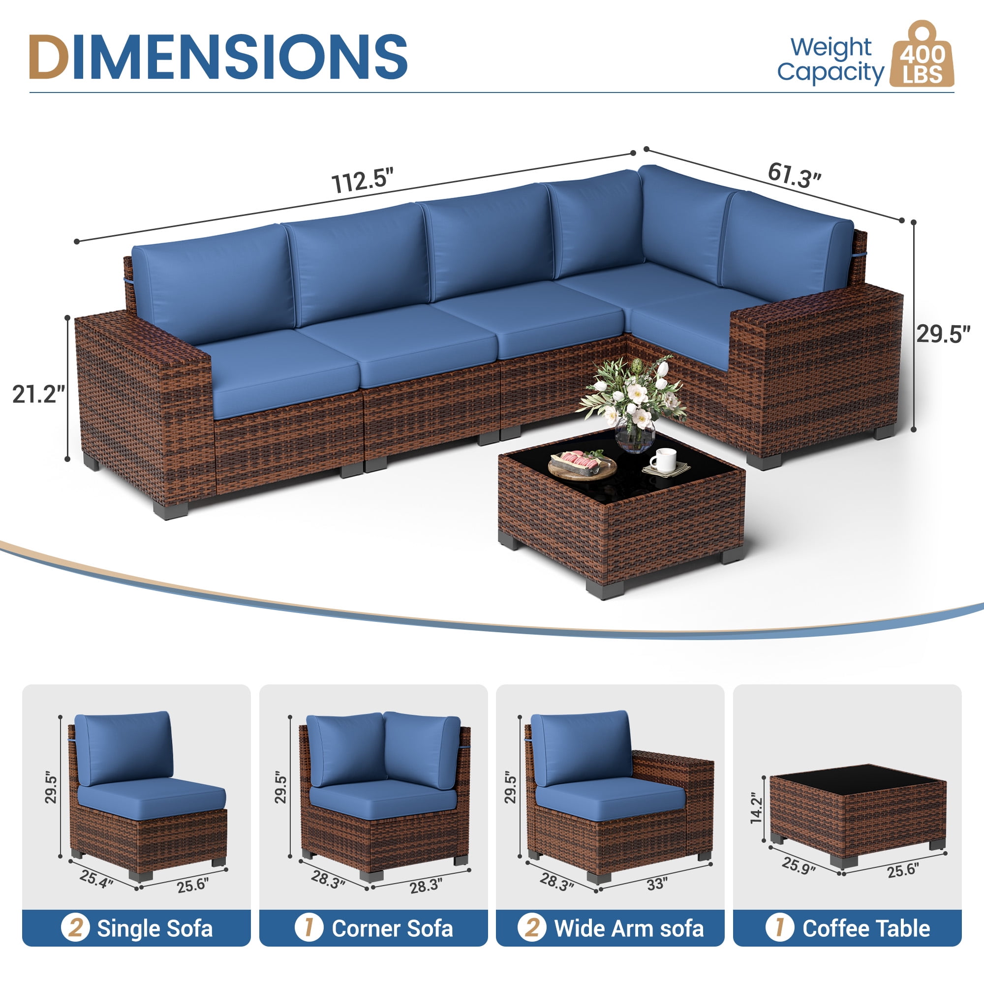 Poteban 6-Piece Outdoor Wicker Patio Furniture Set with Cushions (Brown and Blue, 6-Piece Set) 65mcb