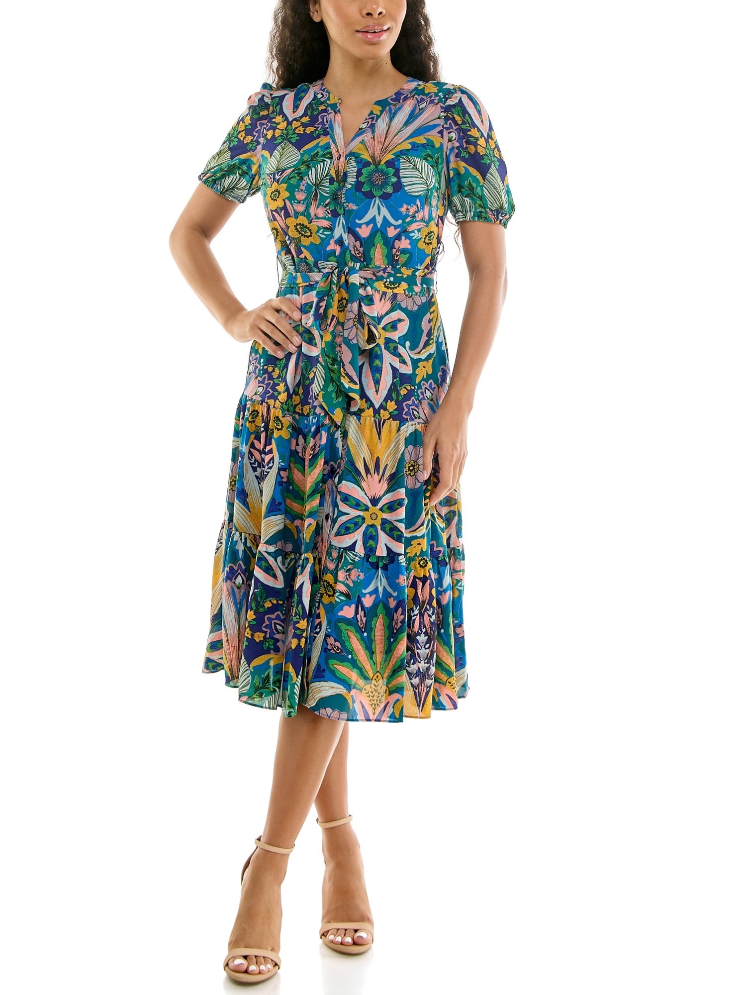 Nanette Lepore Womens Tie Waist Shirtdress Elegant Tiered Hem (Blue, L) 2f0lk