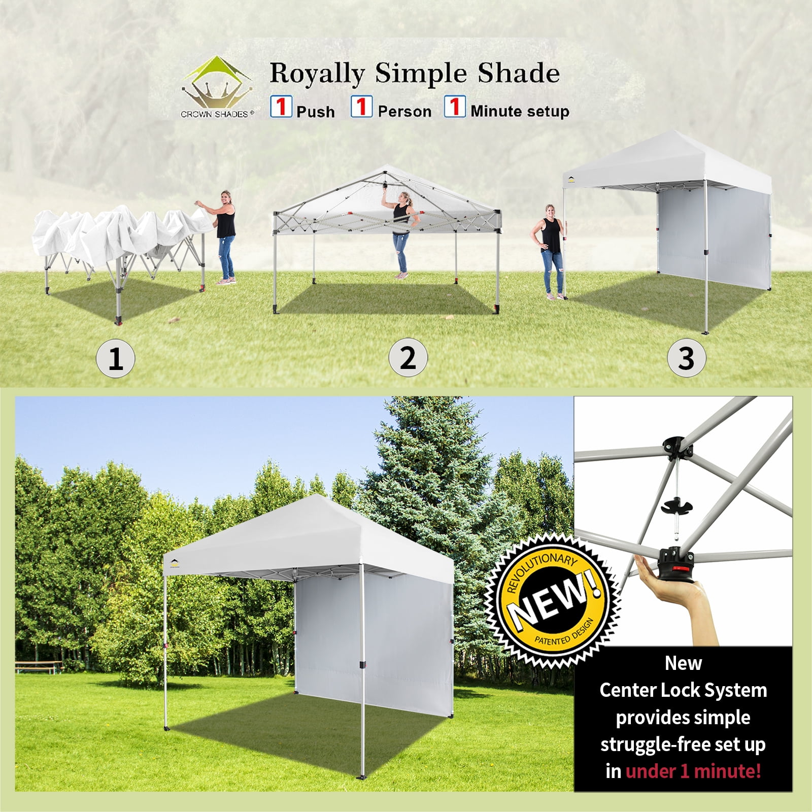 Crown Shades 8x8 Pop Up Canopy Tent with Side Wall, Instant Setup Outdoor Sun Shade (White, 8 ft x 8 ft) bo6ej
