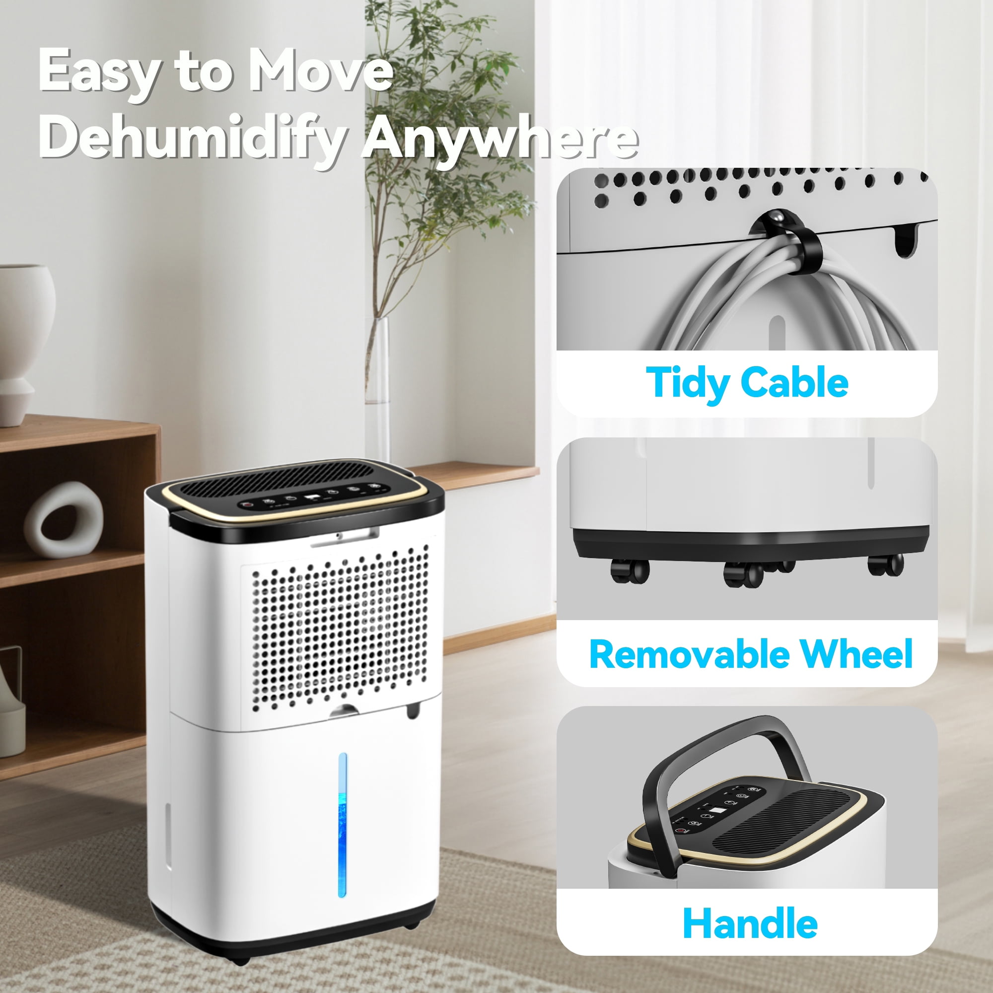 UrbanSync Dehumidifier for Large Spaces, 34-Pint Capacity, 3400 Sq.Ft Coverage, 3 Modes with Continuous Drainage Hose (White and Gold, 0.7 Gallon Tank) sj0sf