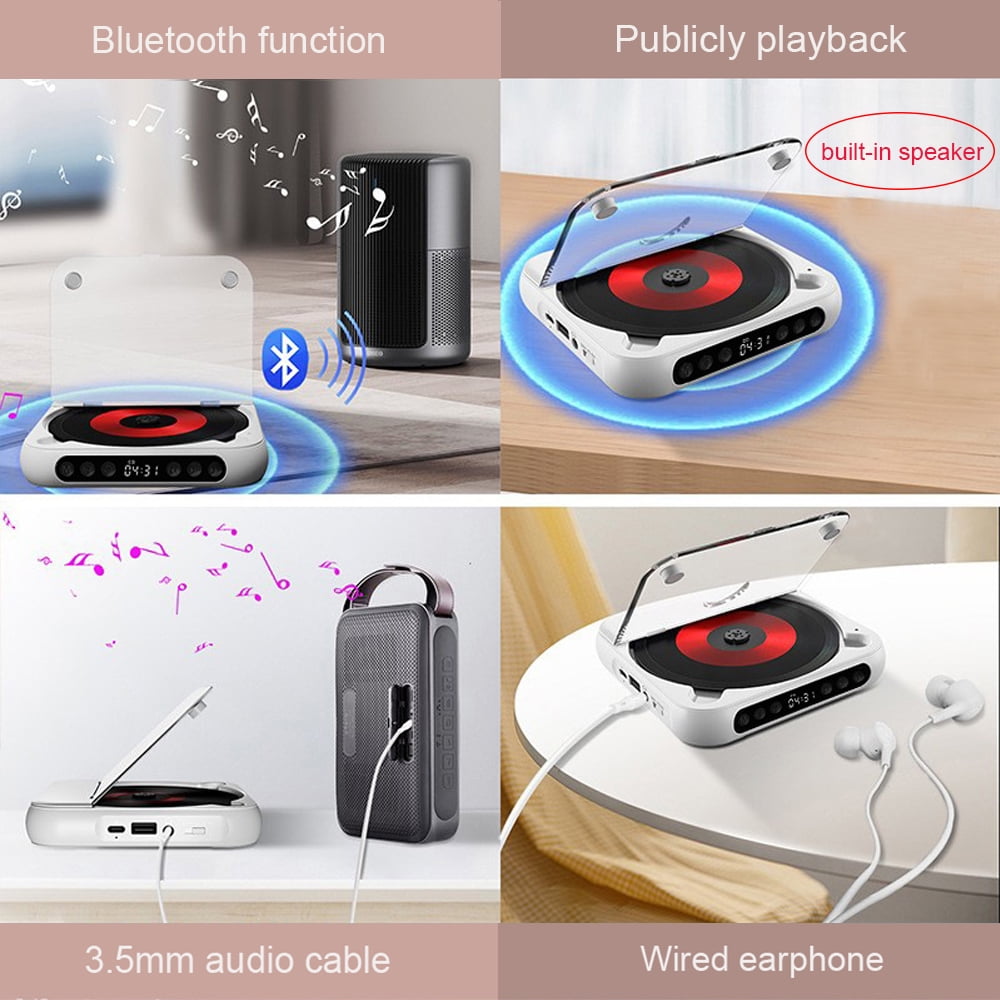 MEGICOT Portable Bluetooth CD Player with Rechargeable Battery and LED Display (Black, 5.23 in x 5.23 in x 0.98 in) v5azt