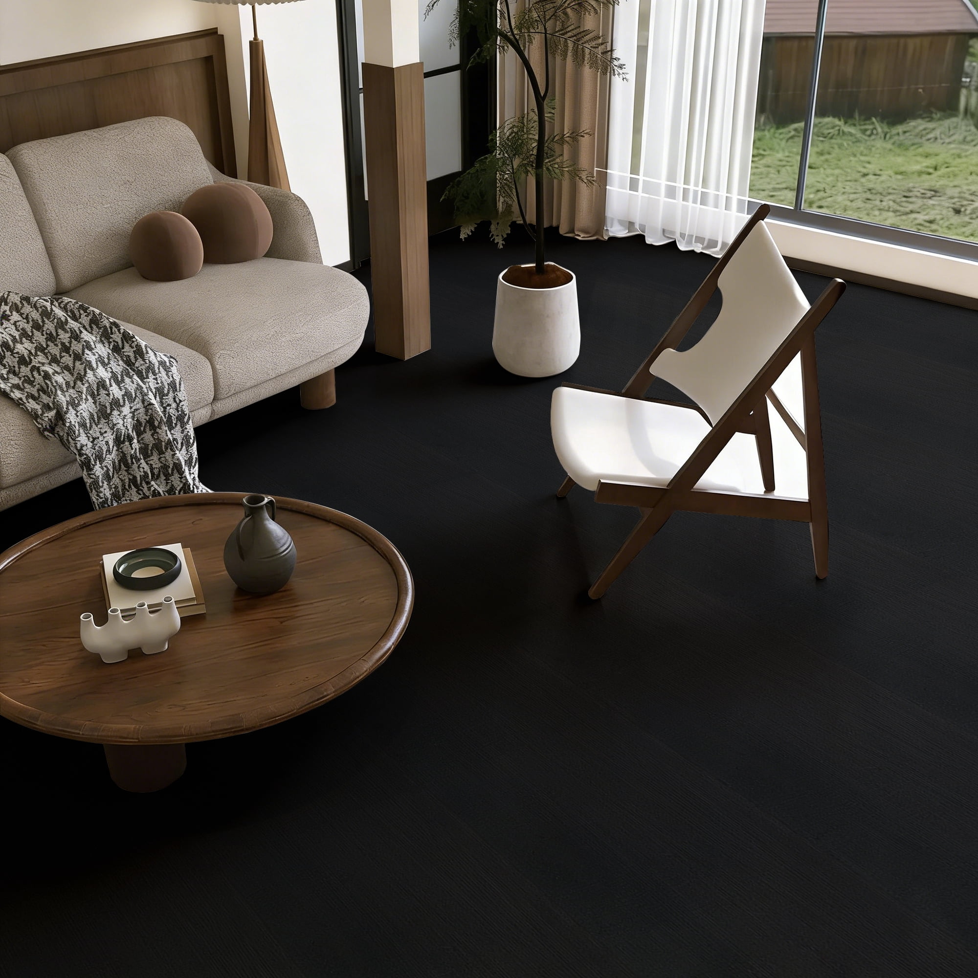 Abyssaly Peel and Stick Vinyl Flooring, Self-Adhesive Wood Grain Floor Tiles for Home Decor (Black, 15.7 in x 236 in) jta6f