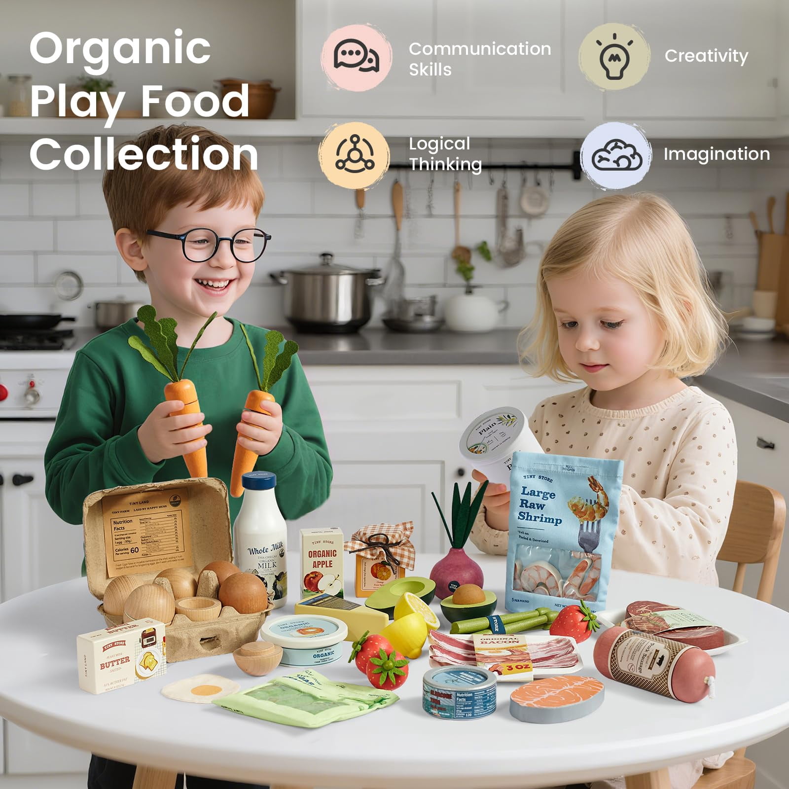 Tiny Land Wooden Fruit & Vegetable Play Set, Pretend Play Kitchen Food Toys for Toddlers (Multi-Color, 15-Piece Set) 64guy