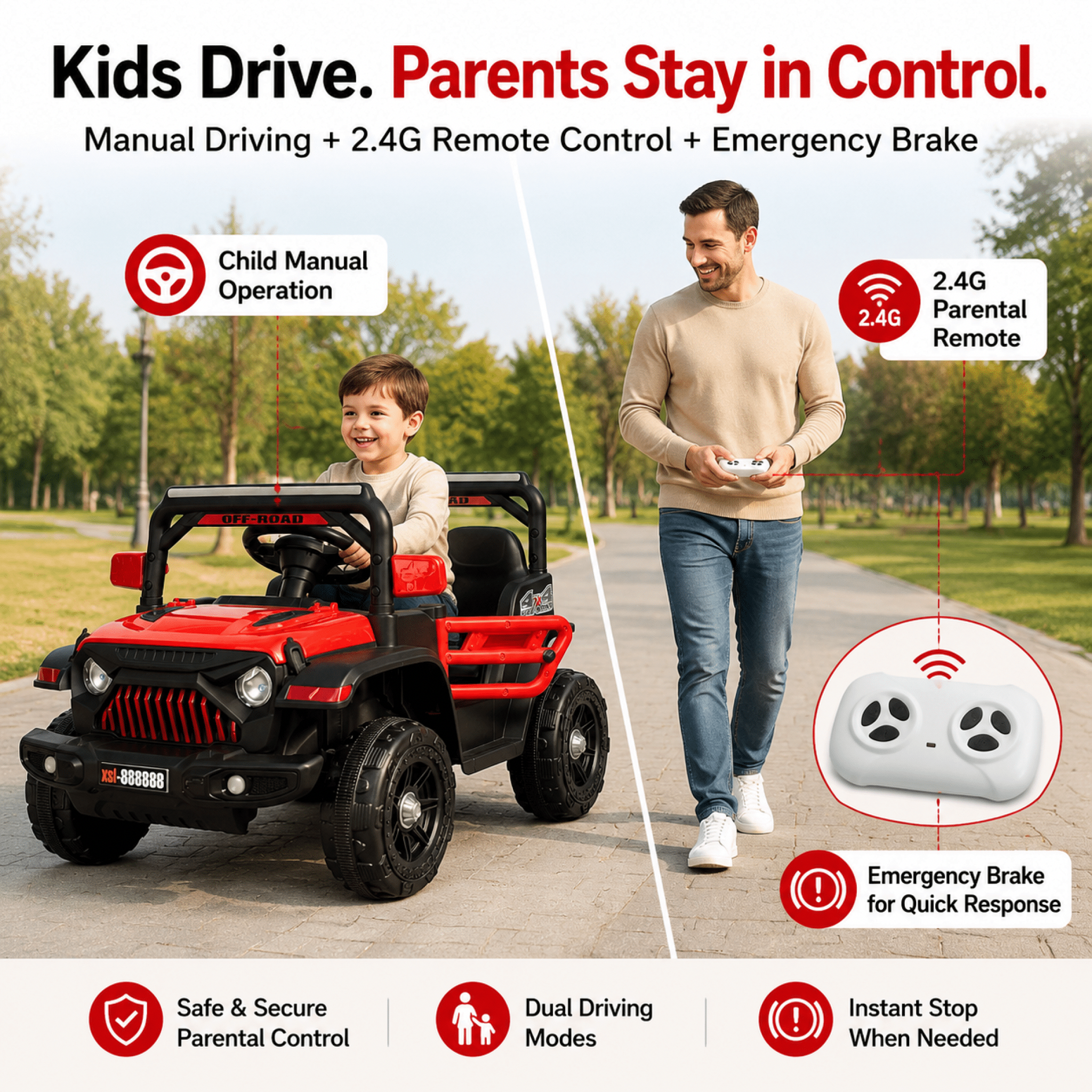 FUPOJH 12V Electric Kids Ride-On Jeep with Remote Control, Bluetooth Music, and 4-Wheel Suspension (Red, 66 lb Capacity) 3f3rs