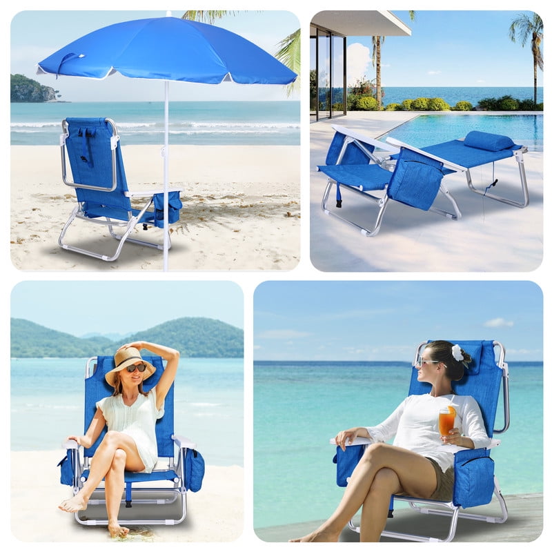 Funcode 7-Position Reclining Beach Chair with Cooler and Backpack Straps (Blue, 1 Pack) n3c1m