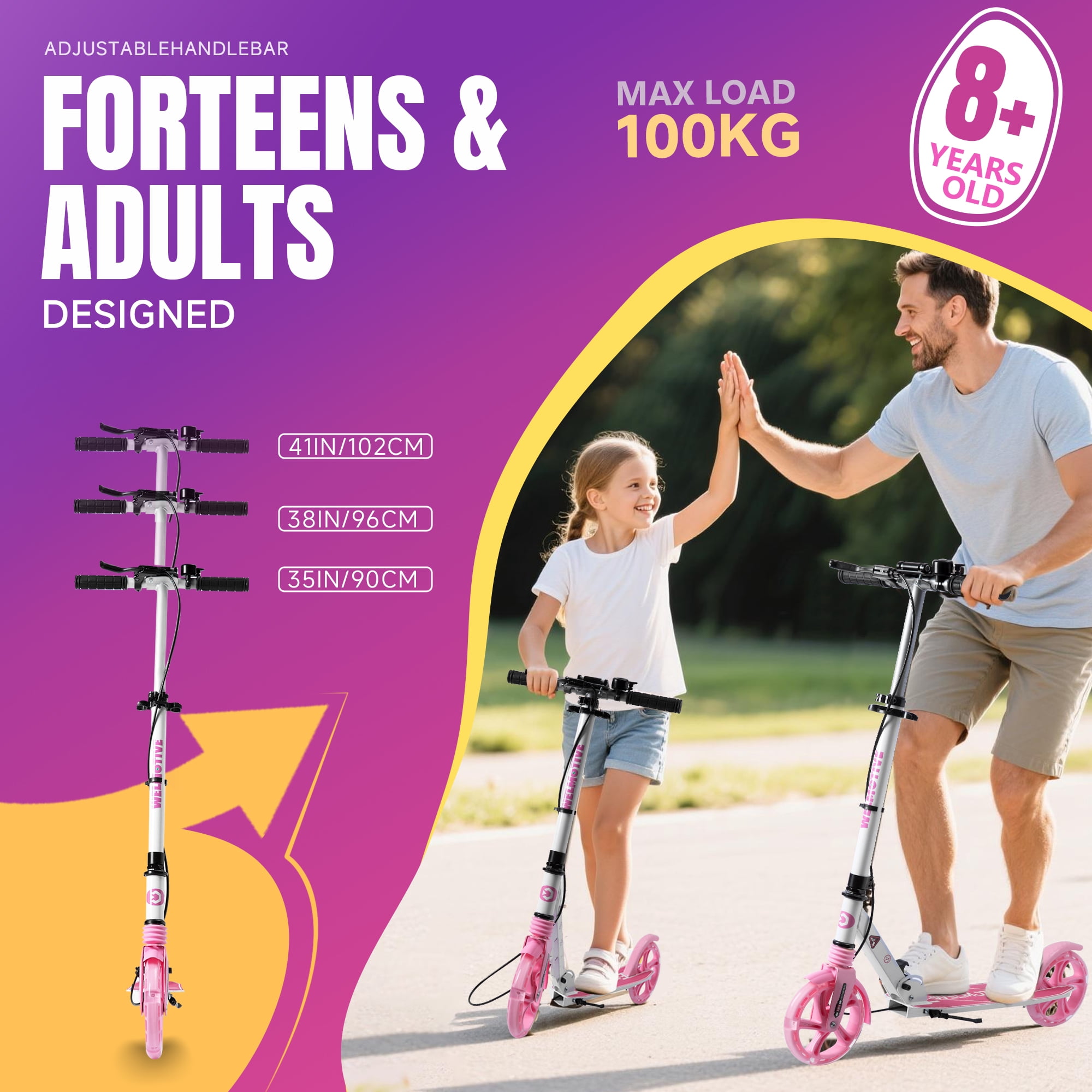 Welmotive Kick Scooter for Kids and Adults with LED Wheels, Dual Braking System, and Adjustable Handlebars (White, 9.6 lb) goi70