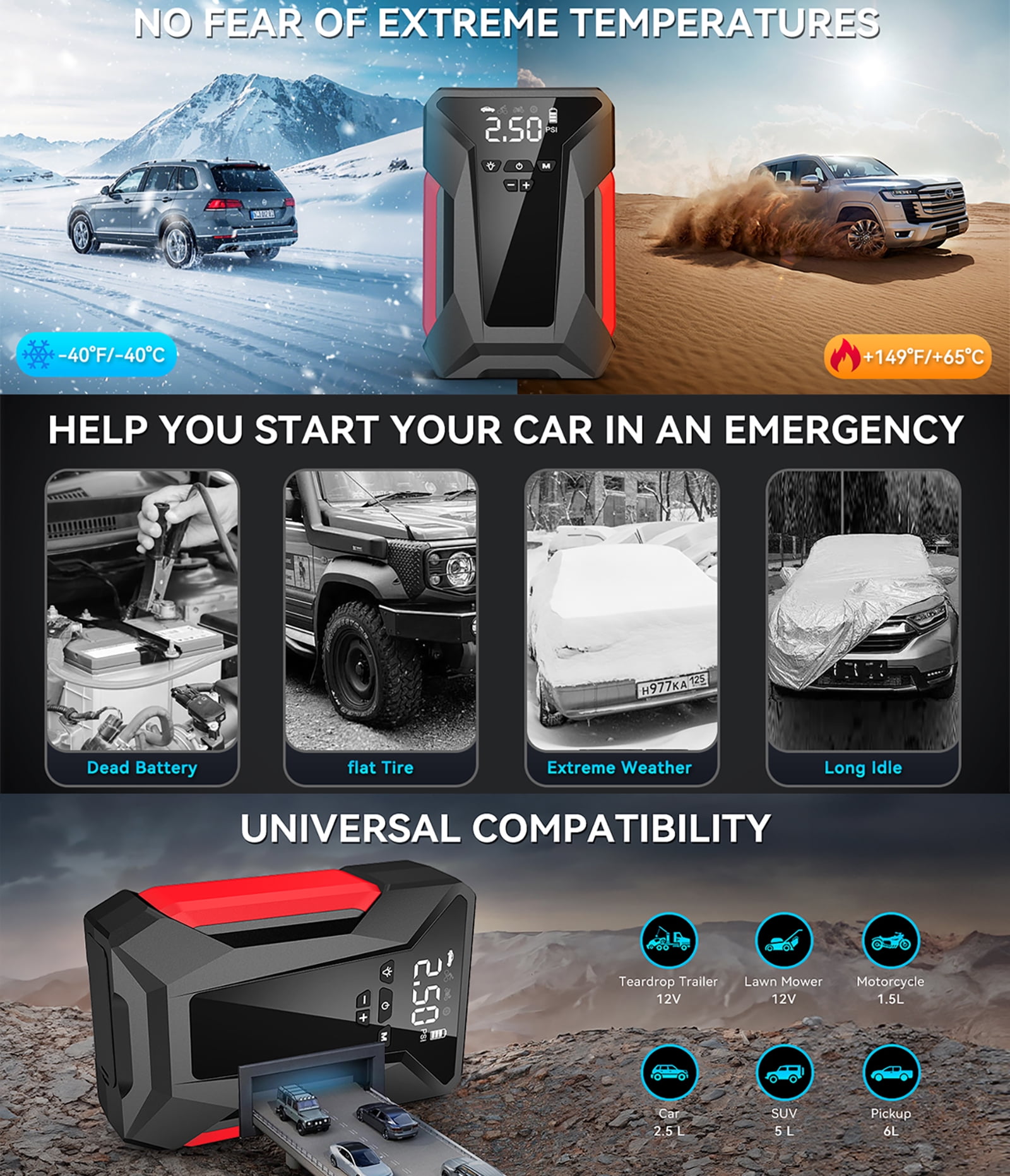 Amybaby 8-in-1 Emergency Jump Starter and Tire Inflator, 4000A Peak Portable Power Bank with 150PSI Air Compressor (1 Unit) zk7os