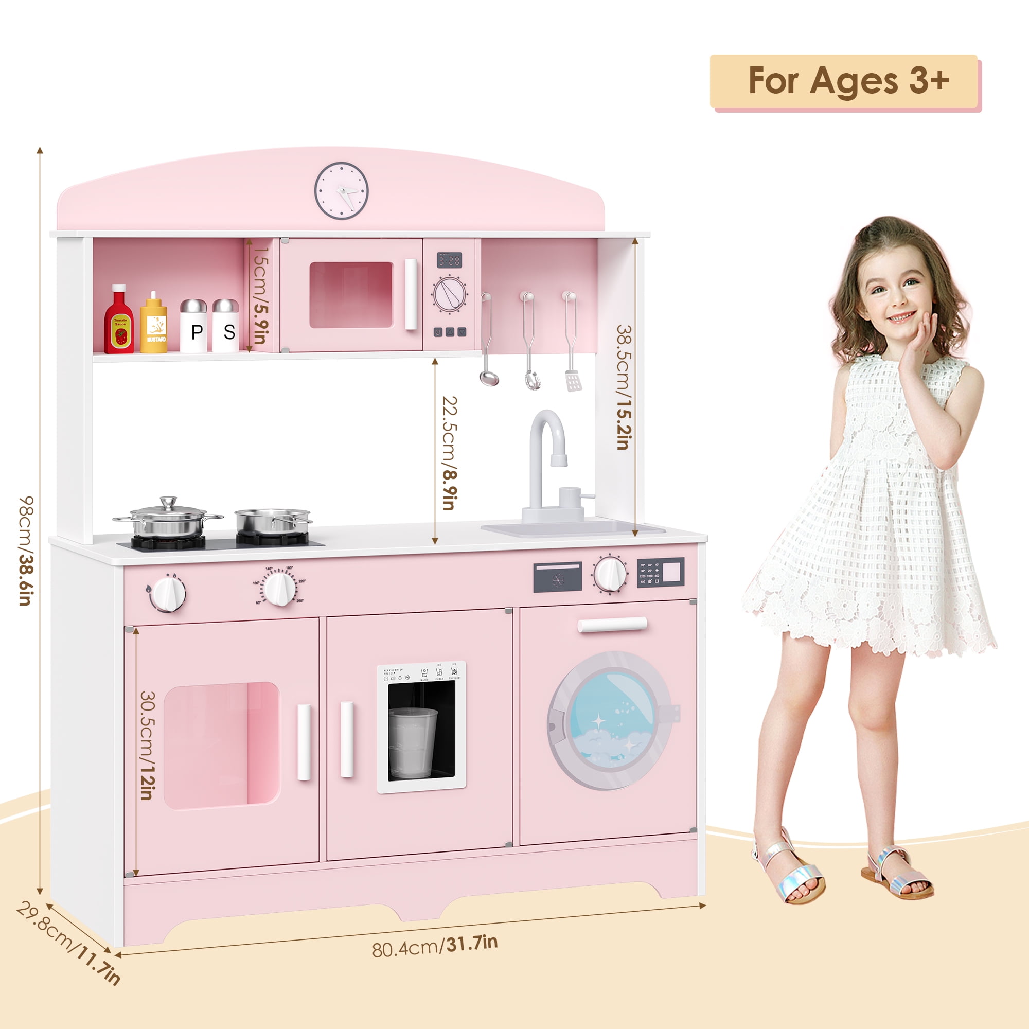 Hiphuta Wooden Kids Play Kitchen Set with 11 Accessories, Interactive Pretend Cooking Station (Pink, 1 Set) rk68r