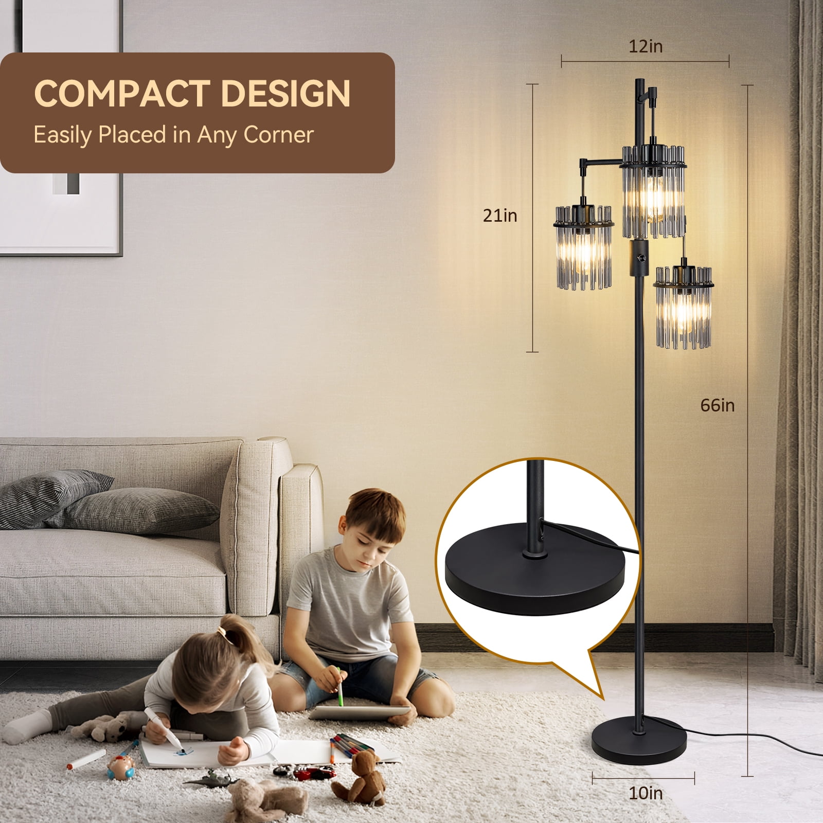 Muaket Industrial Modern Floor Lamp, Dimmable Tree Standing Light with 3 Teardrop Glass Cage Shades (Black, 65 in) yh6qg