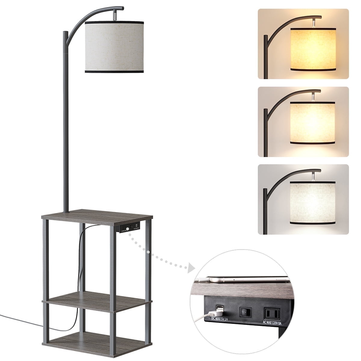 SUNMORY Floor Lamp with Integrated End Table, Charging Station with USB & AC Ports, 3-Color Temperature LED Bulb, Rustic Storage Shelves (Brown, 1 Pack) zd7c1