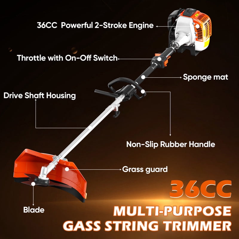 Baotree 36cc 2-Stroke Gas String Trimmer 3-in-1 Lawn Mower and Weed Cutter (Orange, 750W) 8pqbu