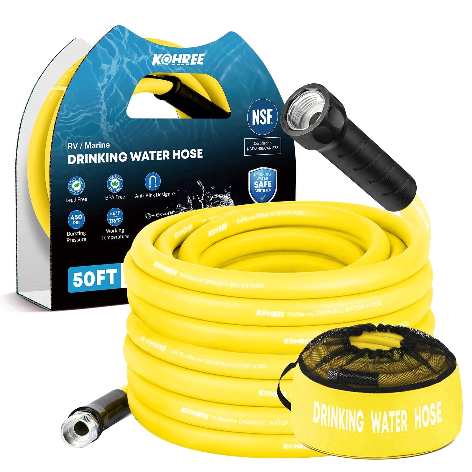 Kohree 50FT RV Water Hose, NSF Certified Drinking Water Safe, Heavy-Duty Flexible Garden Hose with Storage Bag (Yellow, 50 ft) 11j26