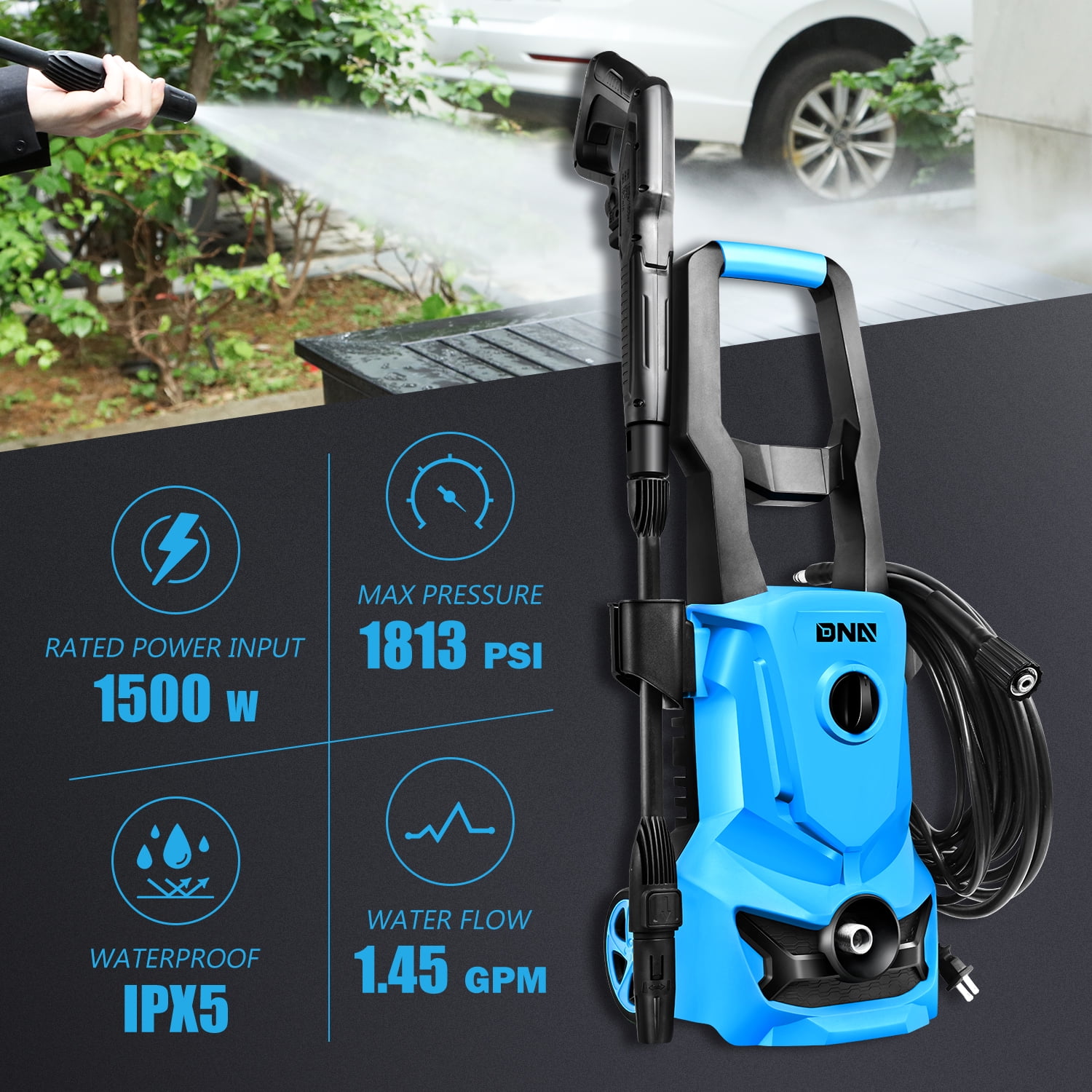 DNA Motoring Portable Electric Pressure Washer High-Pressure Power Cleaner (Blue, 1813 PSI) dae1h