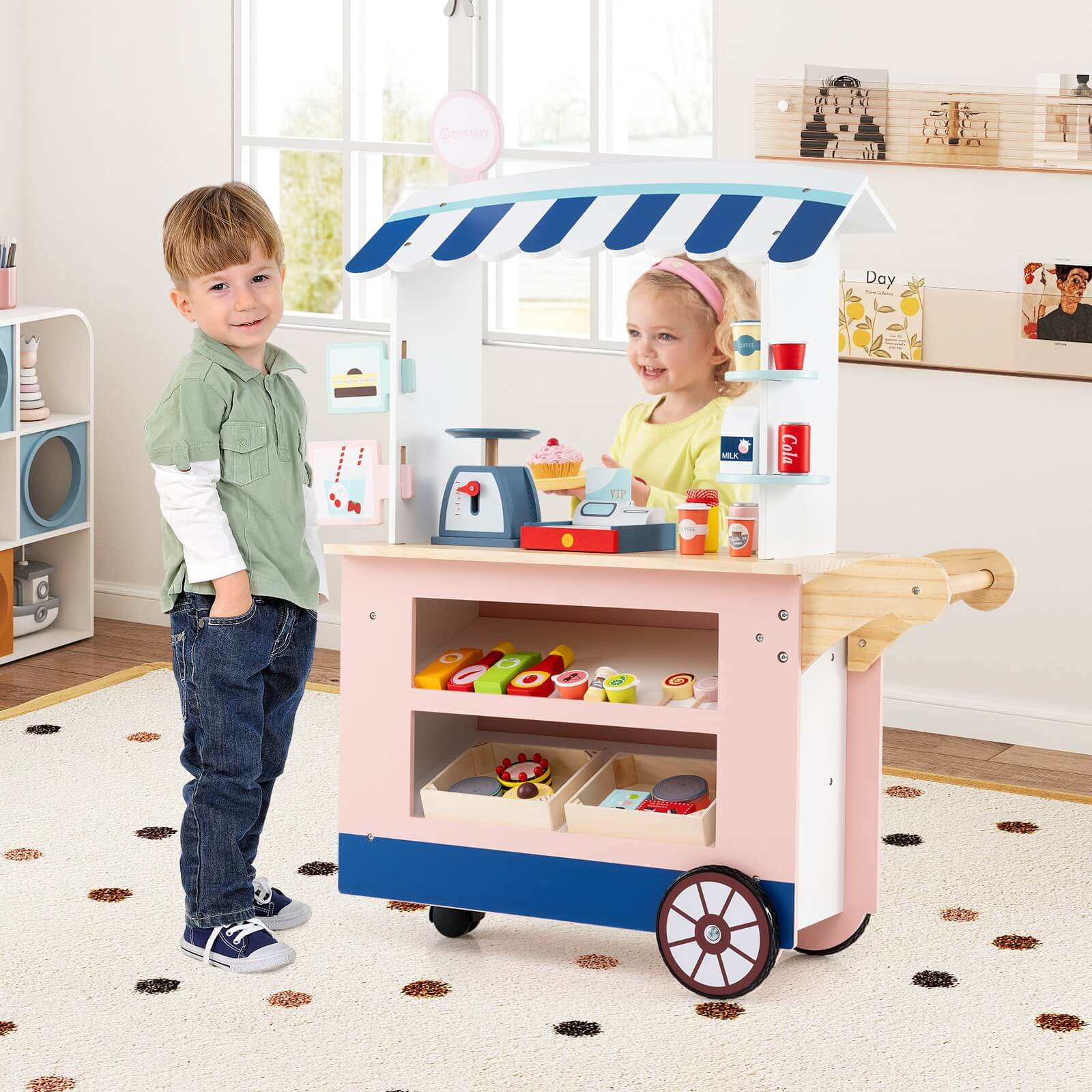 Costway Kids Snacks and Sweets Food Cart Play Set with 30 Accessories (Pink, 30 Piece Set) v72kq
