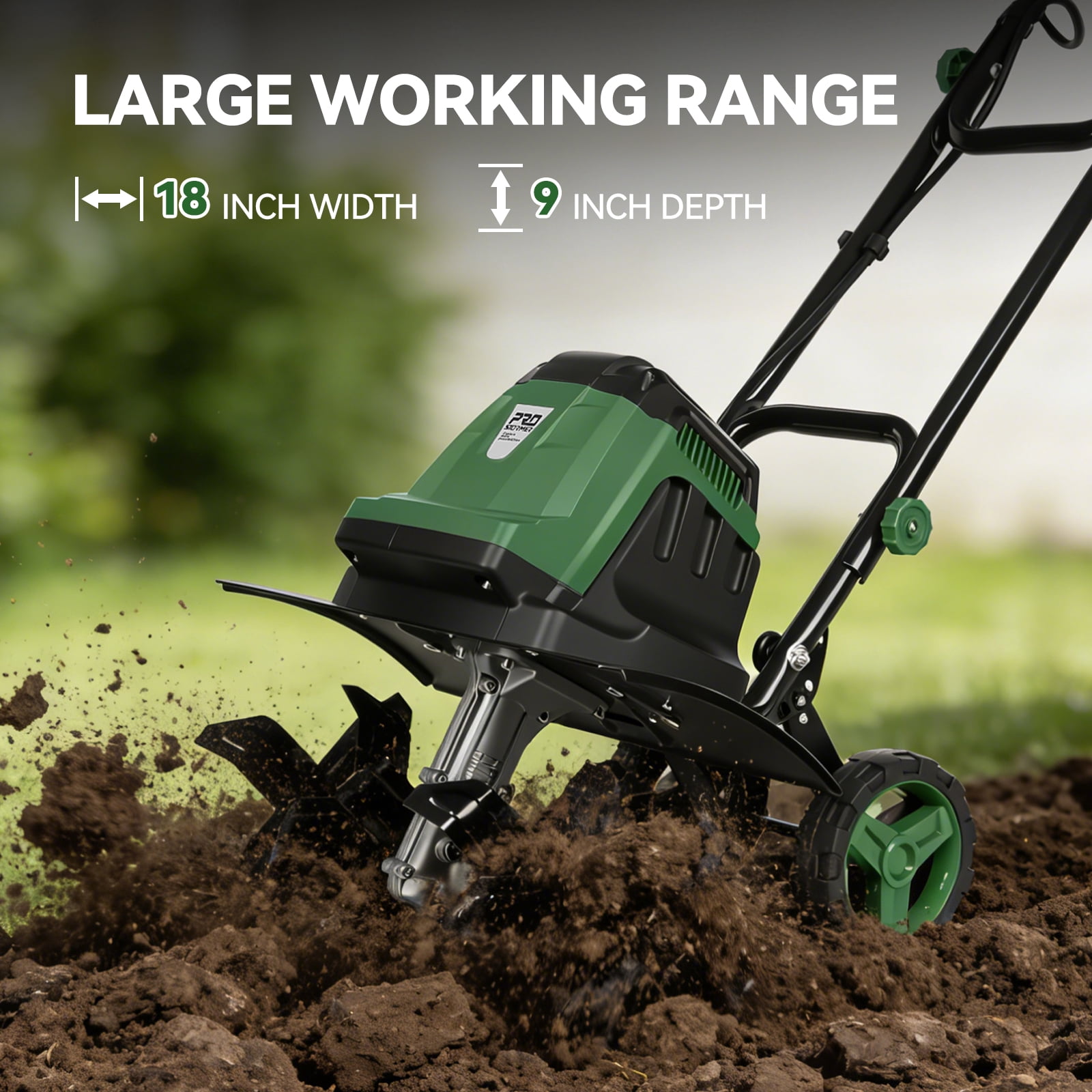 Prostormer 18 inch Electric Garden Tiller, 15 Amp Cultivator with 24 Steel Tines, 8.7 inch Tilling Depth, Adjustable Wheels and Foldable Handle ztou8